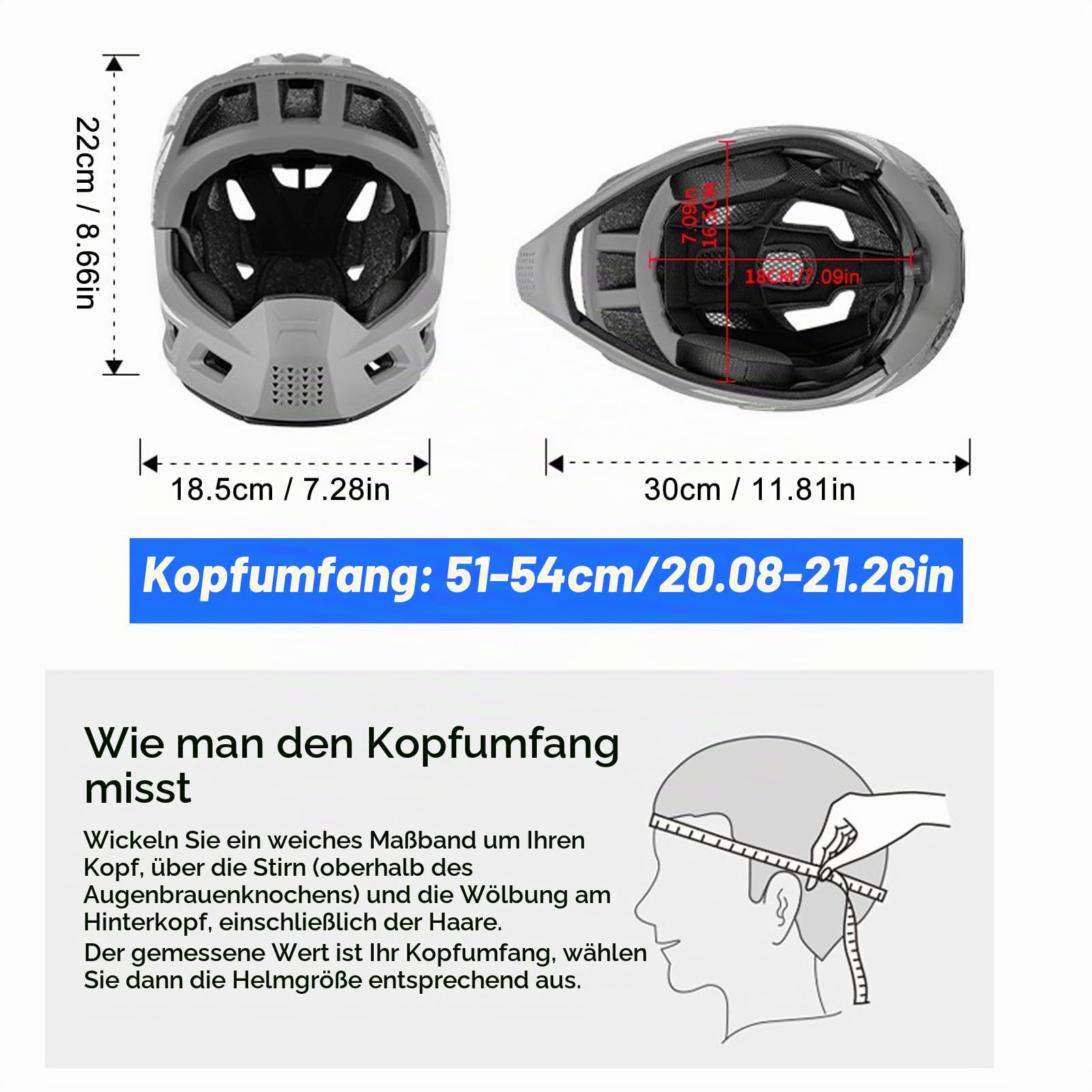 Kinderhelme-Integralhelm mit Verbessertem, Jugendhelme Verstärktem Kinnschutz 18 Belüftungslöchern, Fahrradhelm Atmungsaktiv und Leicht Größe (51–54 cm)