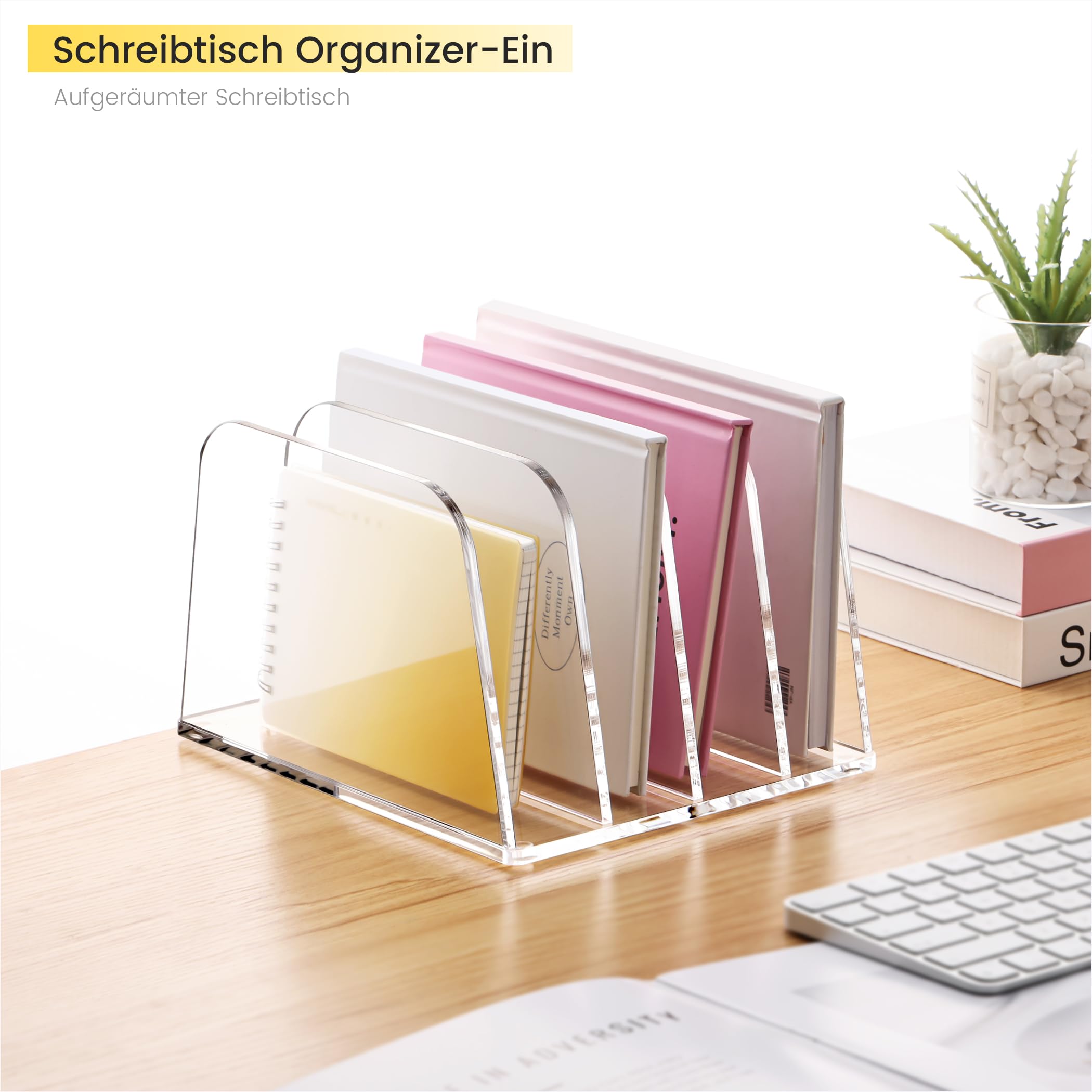 SANRUI Premium Acryl Briefständer & Schreibtisch Organizer (4 Fächer) – Vertikale Ablage für Post, Notizbücher (B5/A5) & Tablets, Transparenter Sortierer mit Silikonfüßen für Home-Office & Kosmetik