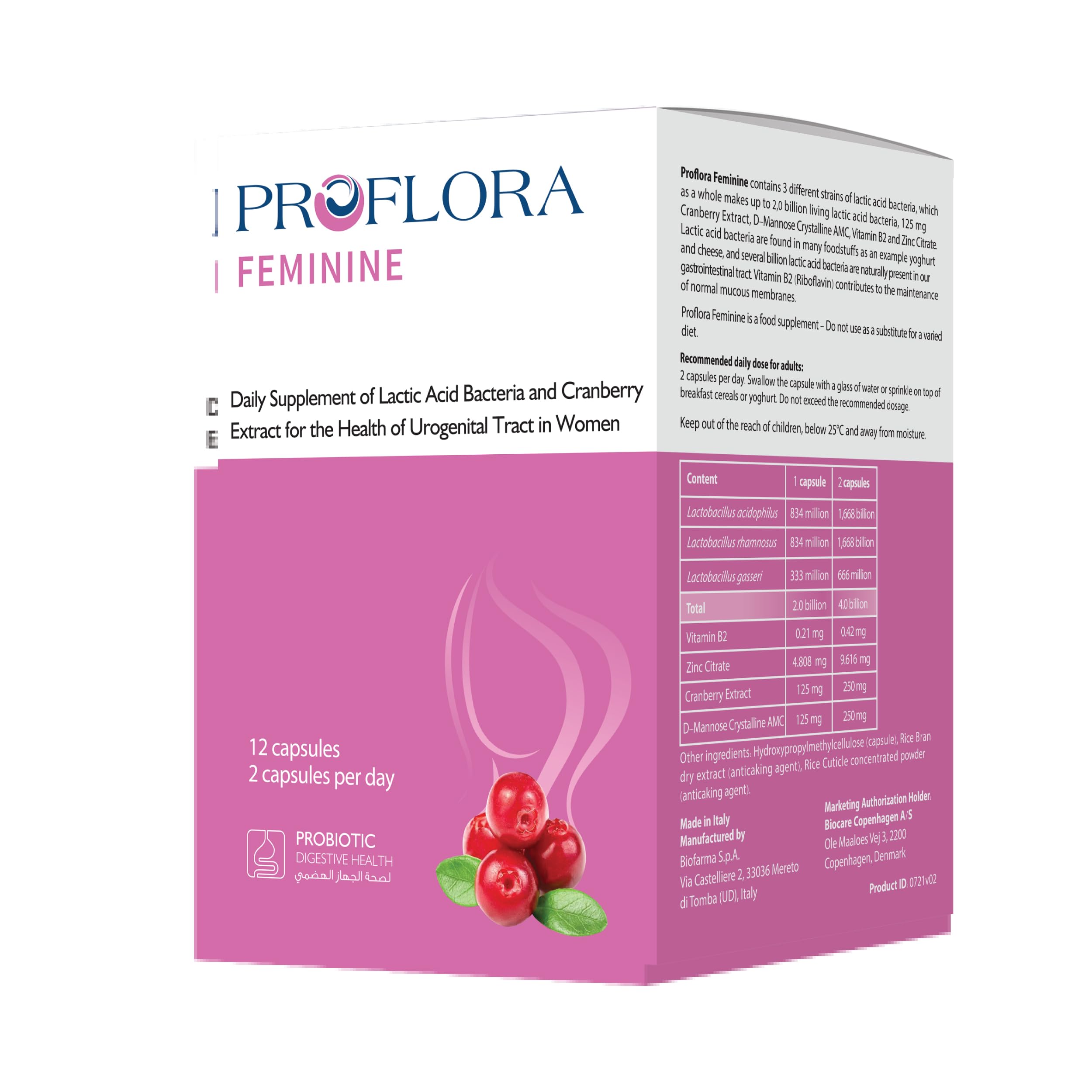 Feminine Women’s Probiotic | Multi-strain Lactobacillus + Cranberry & D-Mannose | Vaginal Flora & Urinary Tract Health | 12 Capsules