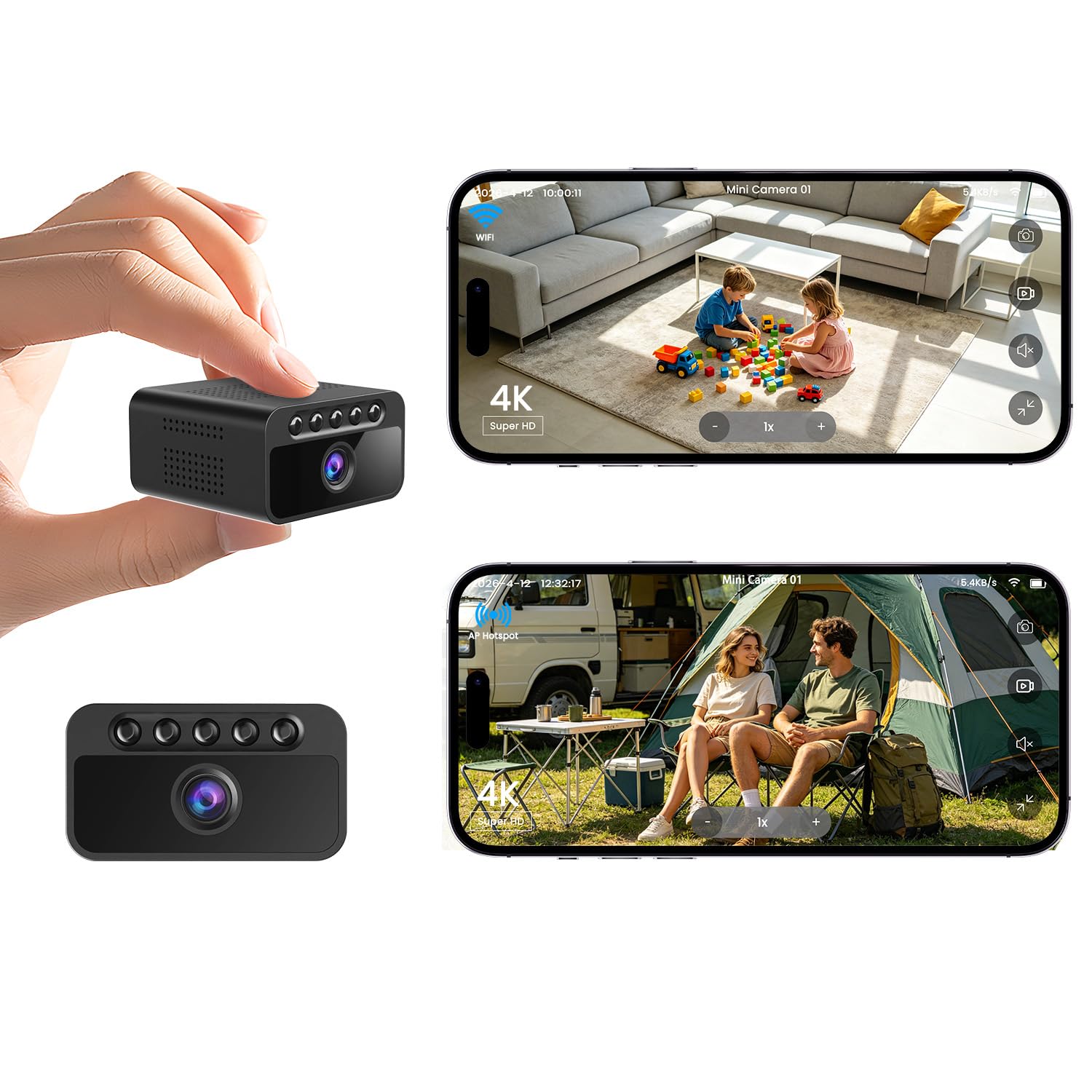 Bextgoo Mini Überwachungskamera Ohne WLAN, 4K Mini Kamera Überwachung Innen Akku, WLAN/AP Hotspot/Offline, mit Nachtsicht, Magnet Halterung, Kleine Kamera für Innen und Außenbereich, Tiefschwarz