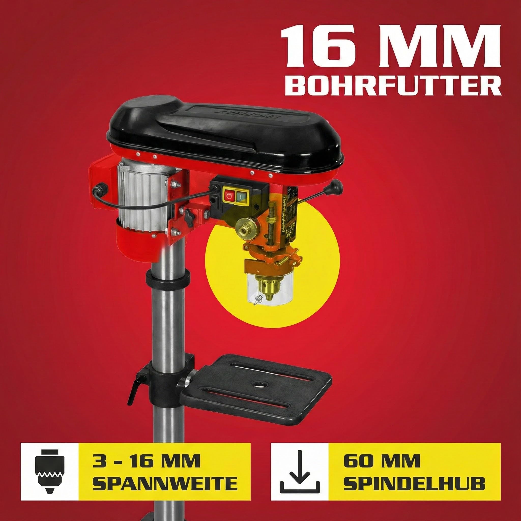 Hecht Profi Standbohrmaschine mit starken 600 Watt – 12-stufige Drehzahlregelung, schwenkbar- und höhenverstellbarer Bohr-tisch – Späneschutz - Praktische Säulenbohrmaschine, Tischbohrmaschine