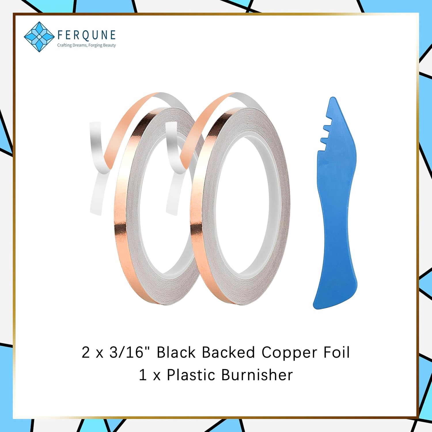 3/16 Inch Silver Backed Copper Foil Tape for Stained Glass, 2 Rolls, 1 Burnisher