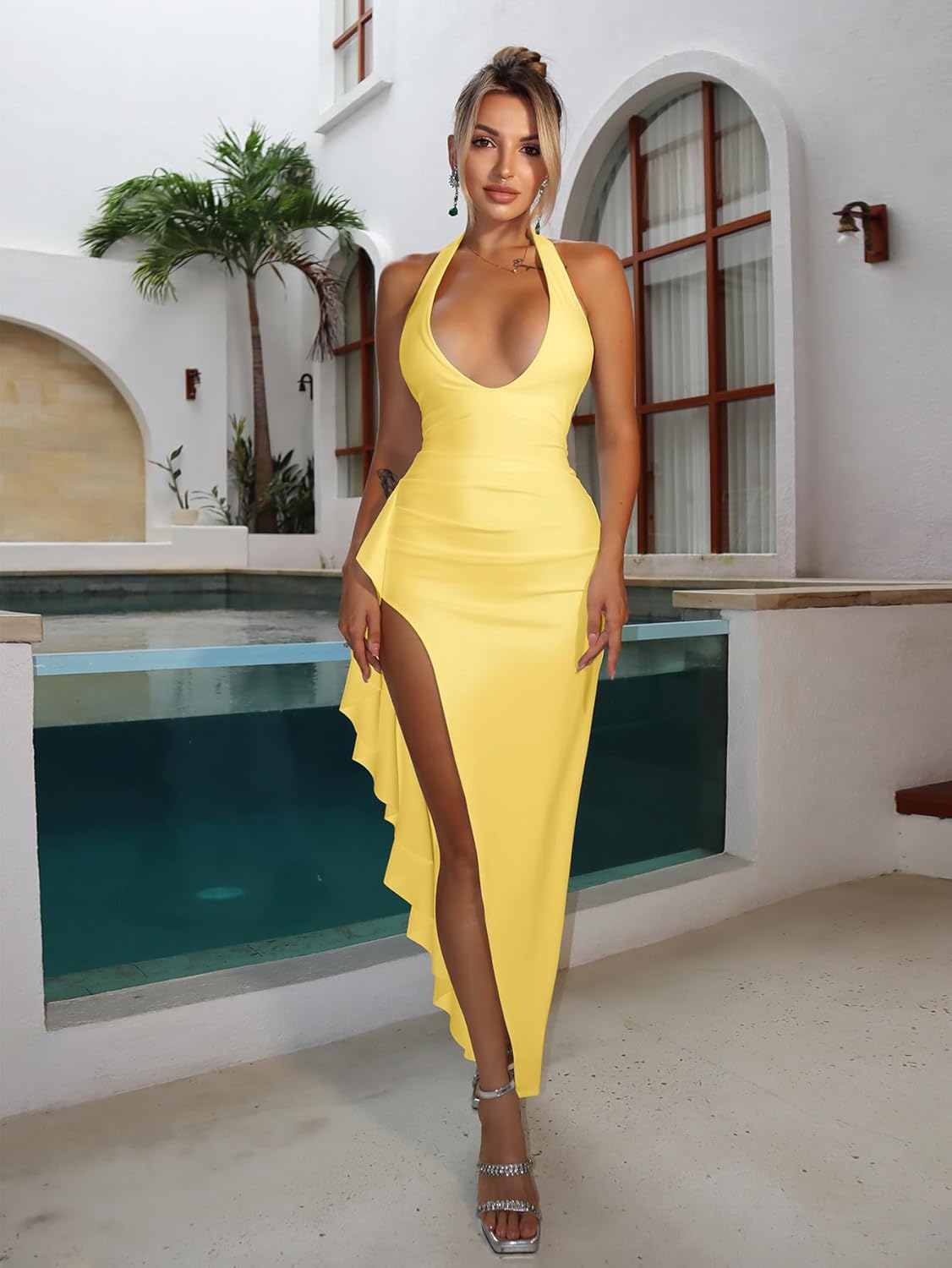 Sexy Deep V Neck Halter Bodycon Maxi Dress Ruffle High Split 2025 Fall Homecoming Wedding Guest Dresses for Women - Image 7