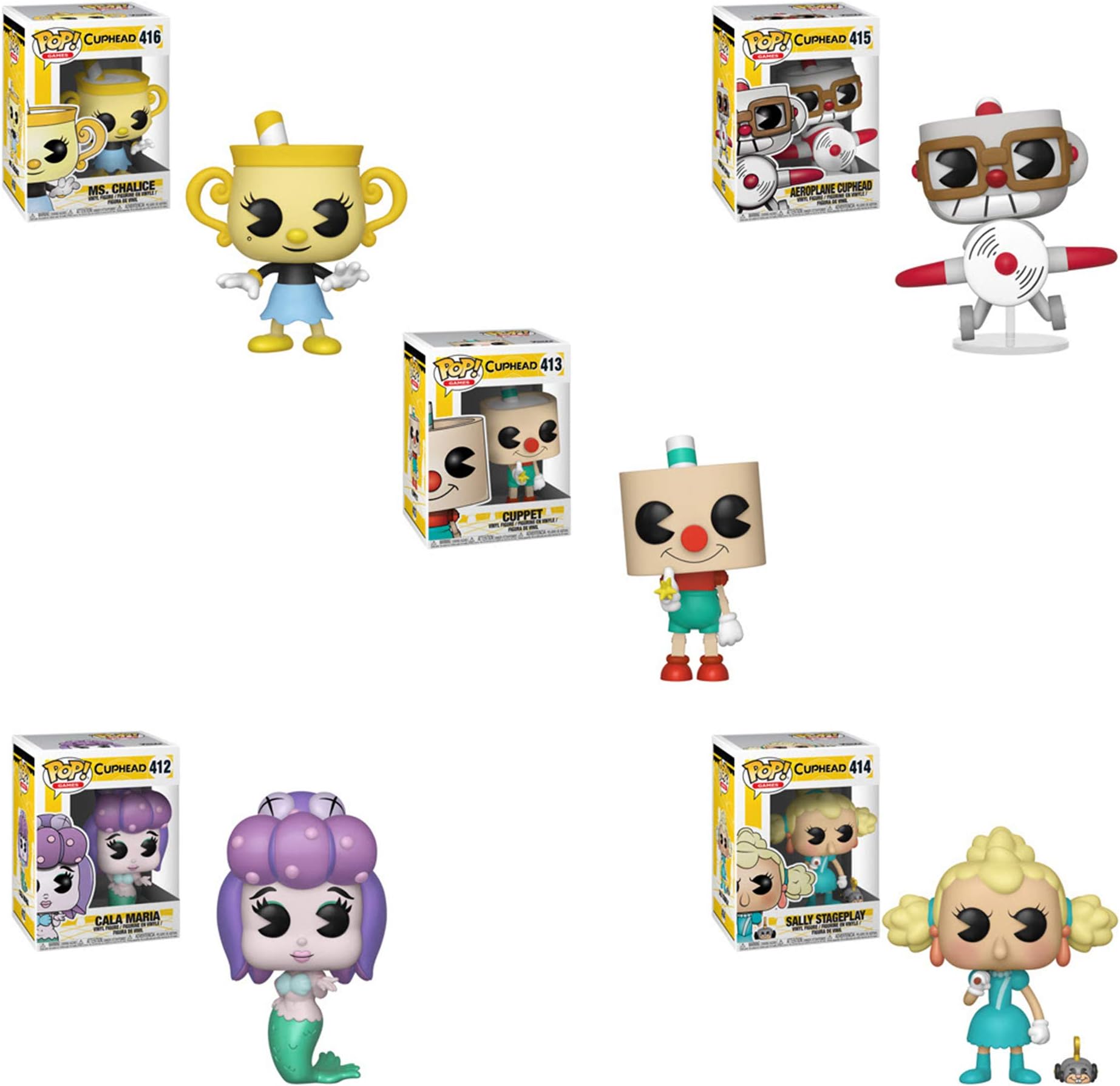 Funko Pop! Games: Cuphead S2 Set of 5: Cala Maria, Cuppet, Sally Stageplay, Aeroplane Cuphead Ms. Chalice