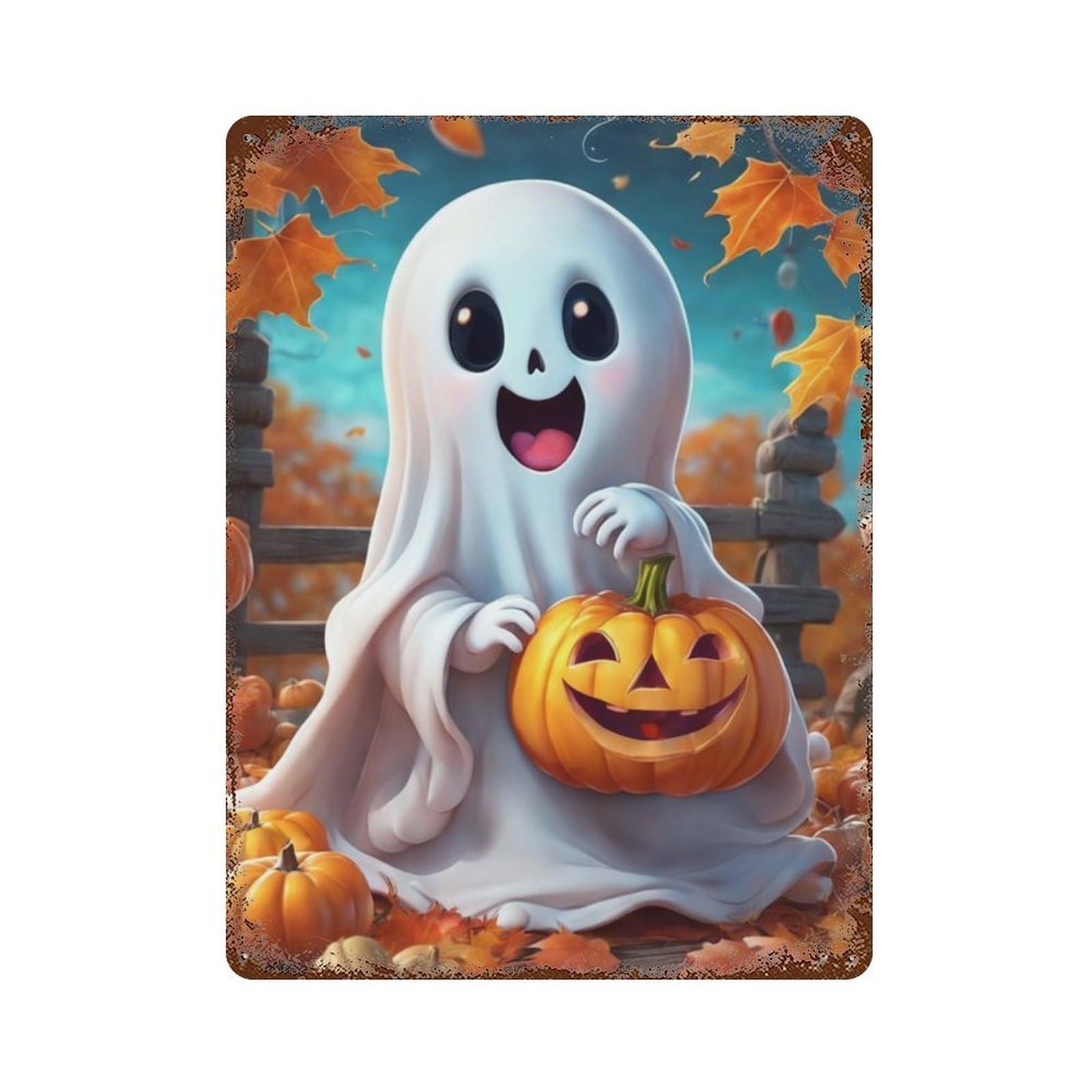 Garage Style Halloween Ghost with Pumpkin Distressed Metal Wall Sign 15.7"x11.8", Rustic Home Decor for Bar And Workshop