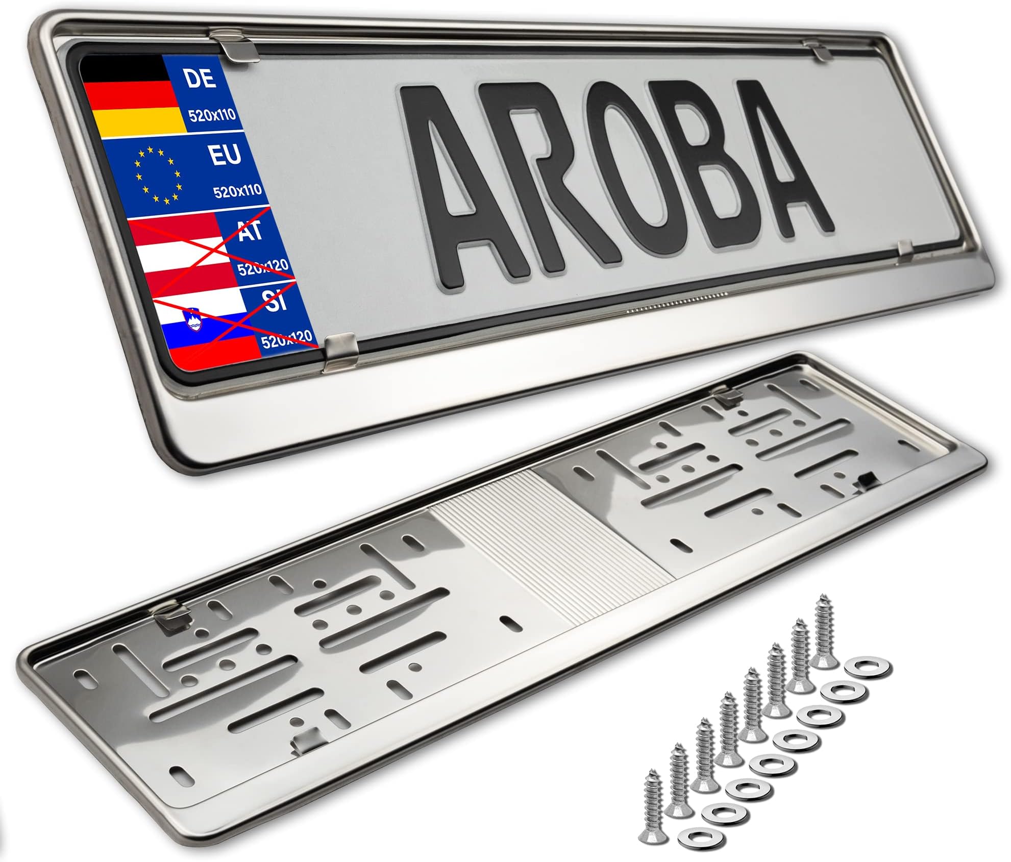 2 X Premium Car Registration Plate Holder, 100% Polished Stainless Steel for Germany and the EU (Number Plate Size 520 mm x 110 mm), Inox Stainless Steel V2A.