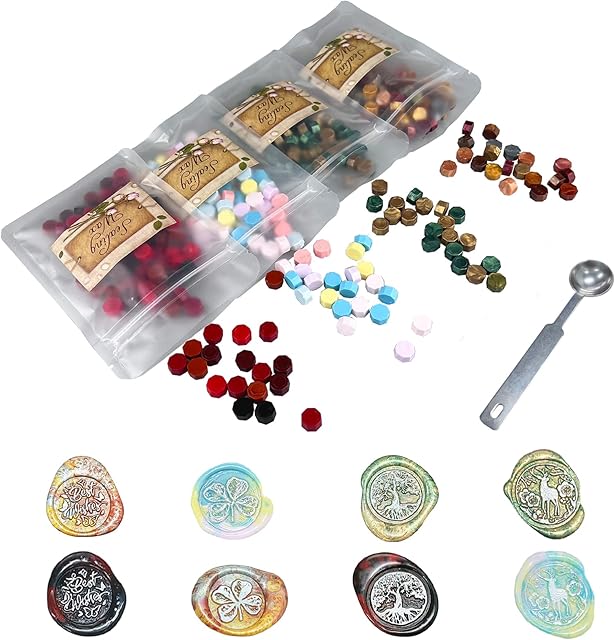 Star Anise Sealing Wax Beads 170g/400pcs, Stamp Wax for Sealing and Decorating Letters 4 Packs of Wax Beads in Unique Shades and 1 Melting Spoon