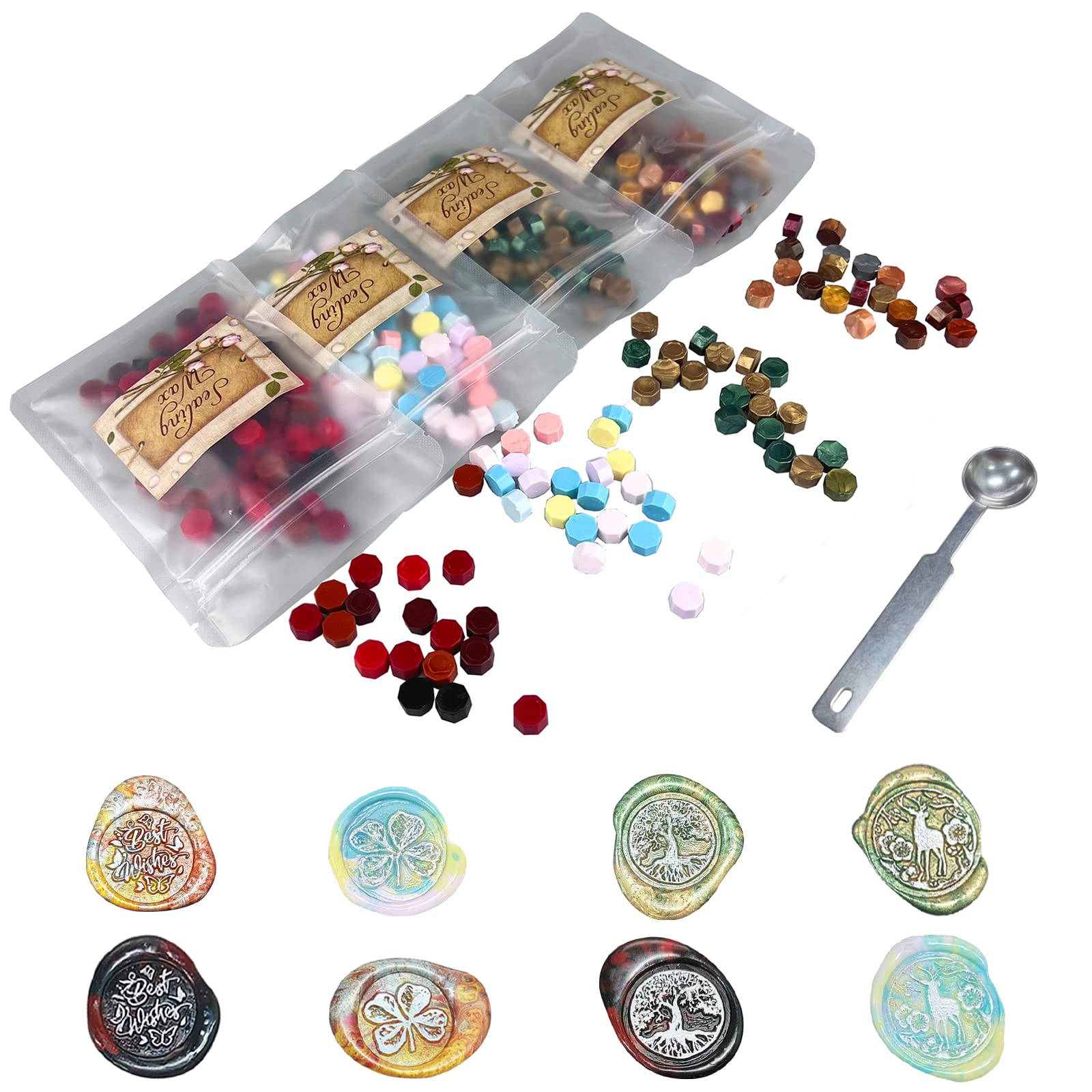 Sealing Wax Beads 170 g / 400 Pieces, Sealing Polish, Stamp Wax for Sealing and Decorating Letters, 4 Packs of Wax Beads in Unique Colours and 1 Melting Spoon