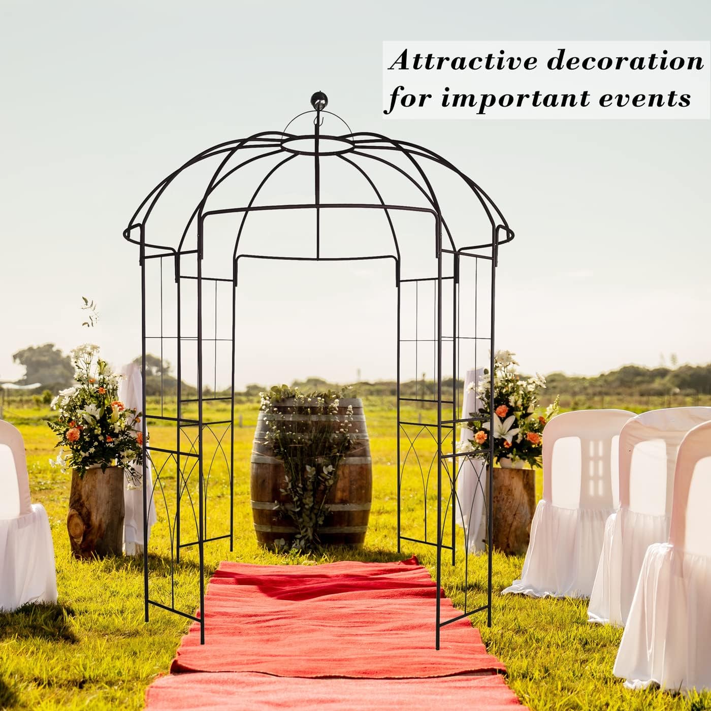 Metal Gazebo Pergola Pavilion Arbor Arch Trellis French Style with Hook 9' Highx 6'6" Wide for Various Climbing Plants Support Outdoor Garden Decoration, Dark Rust
