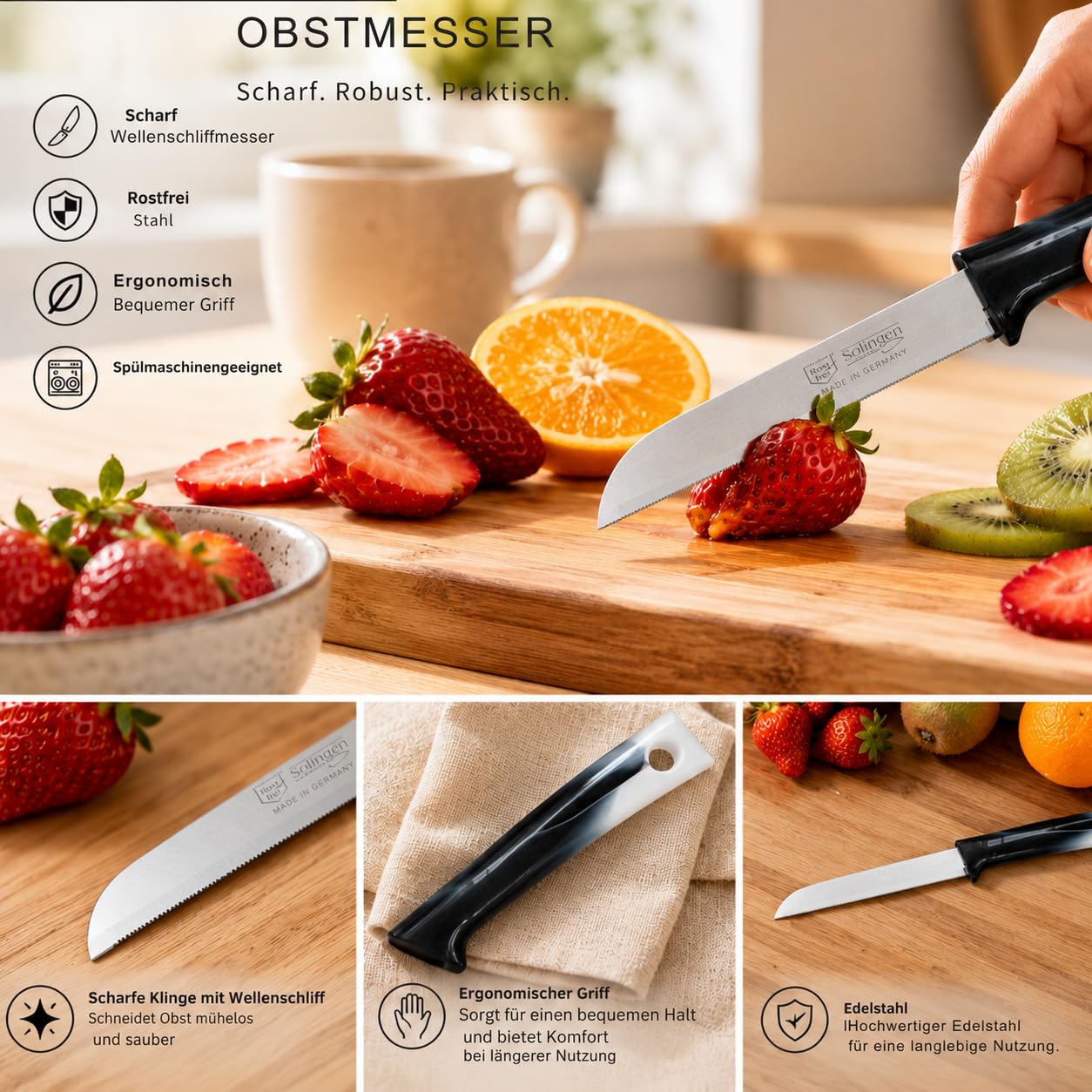 Pure Line Solingen Obstmesser Set 6-teilig I Tomatenmesser, Scharfe Küchenmesser mit Wellenschliff I Ergonomischer Griff, Edelstahl Messer für Obst, Gemüse, Küche Zubehör, Küchenmesser Set