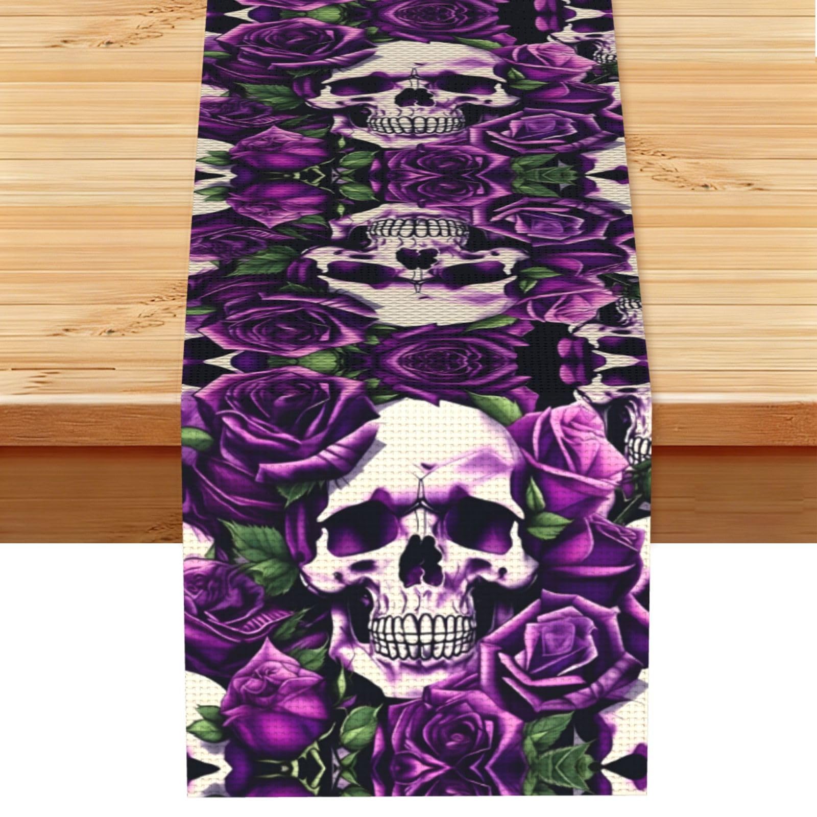 many Purple Rose Skull Printed Dining Table Runner 13x72 Inch, Non-Fading Decor for Kitchen Dresser Fireplace Mantel