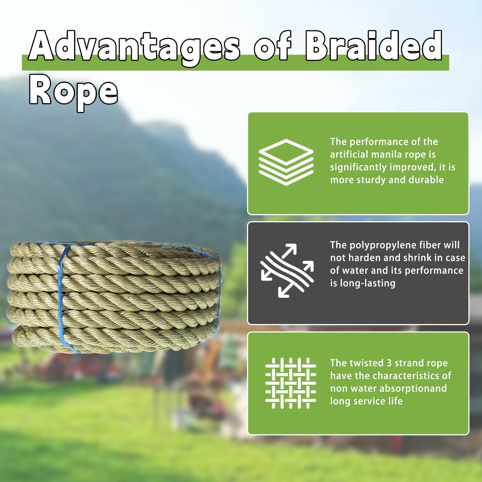3 Strand Twisted Tan/Manila Polypropylene Rope | Durable & Natural Fiber Look Rope