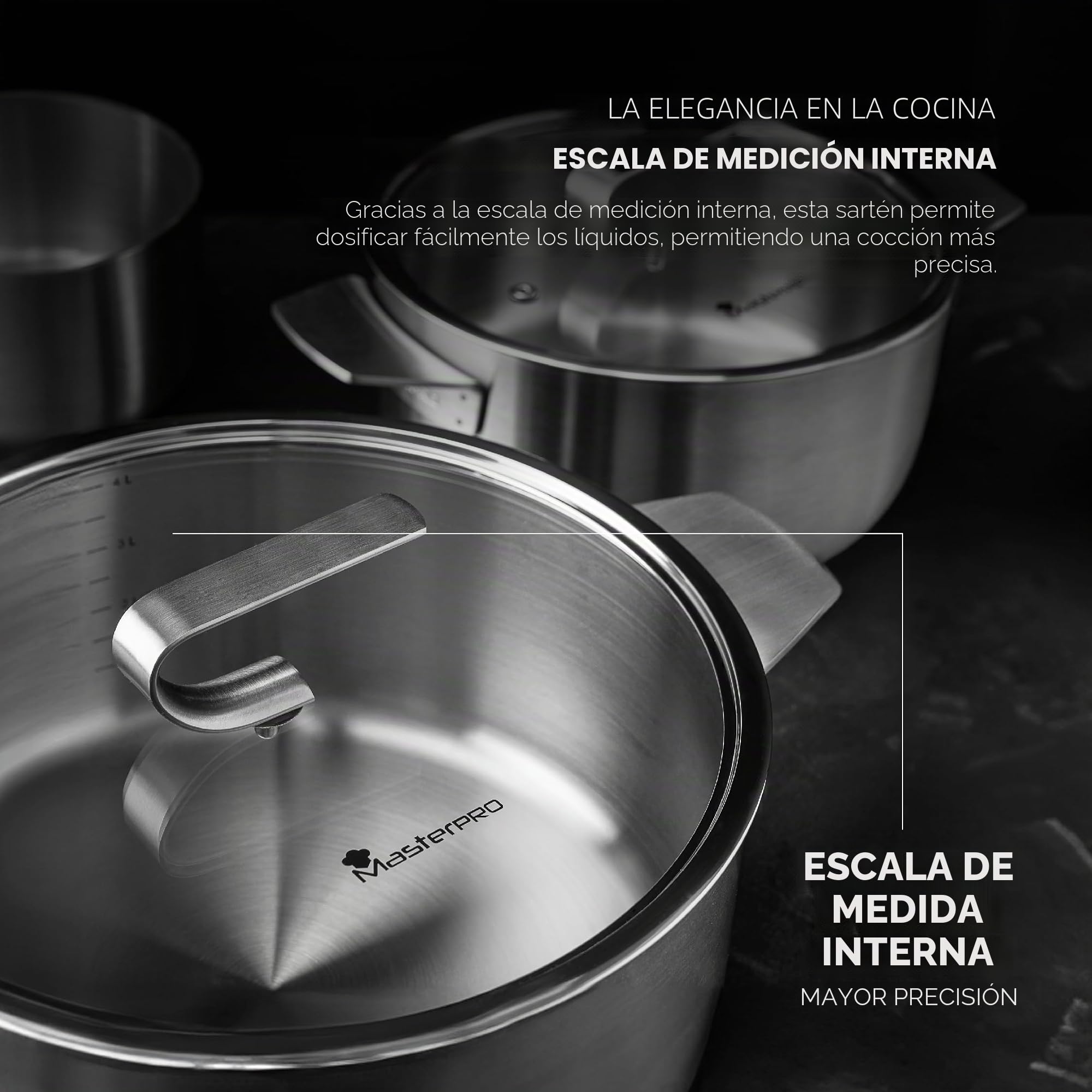 MasterPro SIGMA - Cacerola Grande con Tapa 9.2L 28x15 cm Acero Inoxidable - Multi-capa - Mango Duradero - Medidor Interno - Adecuada para Diversas Fuentes de Calor