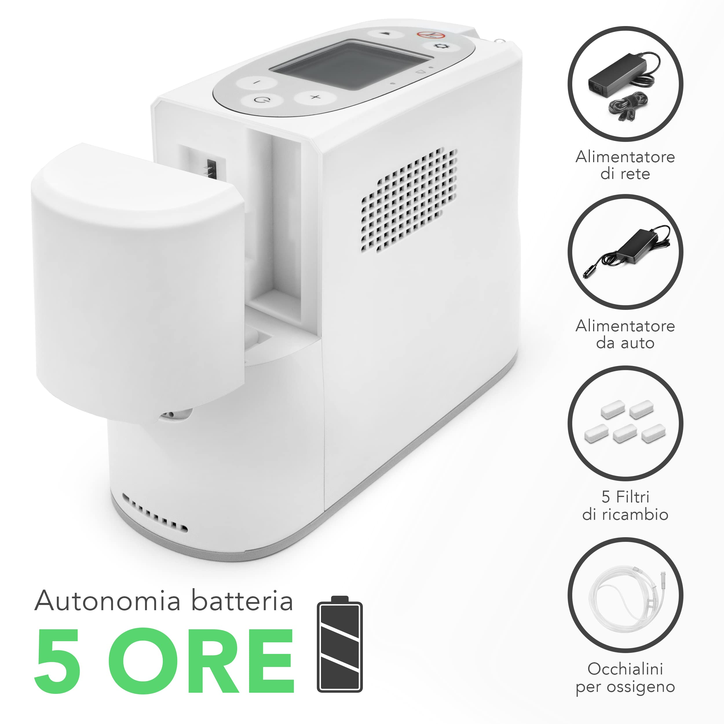 AIESI® Concentratore di Ossigeno Portatile Professionale 1 litro/minuto (eql 5 litri) con batteria ricaricabile P2, Peso 1,98 Kg, Purezza 93-96%, Certificato Medicale, Garanzia Italia 3 anni