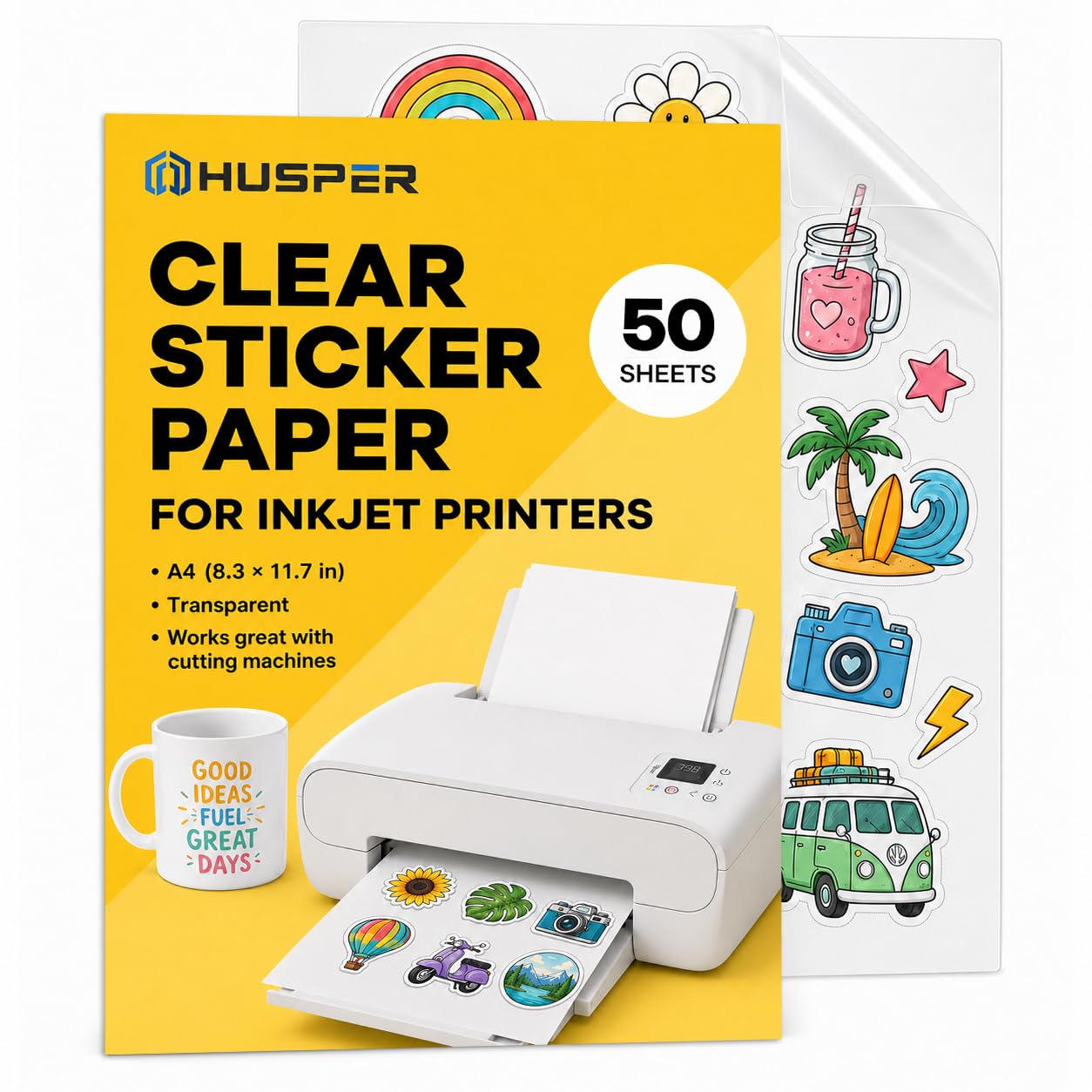 HUSPER A4 Printable Clear Vinyl Sticker Paper for Inkjet Printer, 50 Sheets Transparent Sticker Paper