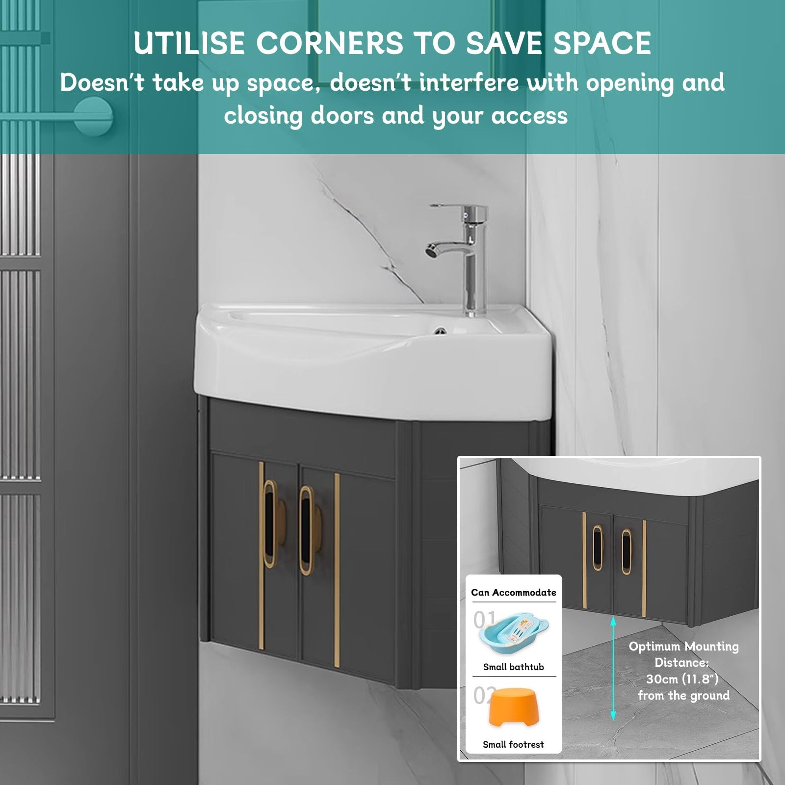 Lavandino Angolare Da Bagno In Ceramica | Con Foro Rubinetto Singolo E Miscelatore Incluso | Misure 34x34x24 Cm | Da Appoggio O A Parete