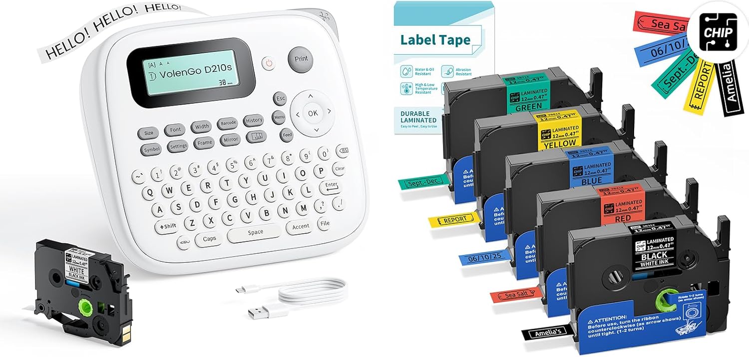D210s Label Maker Bundle, Label Maker Machine with Tapes Waterproof for Home School Office Organization, 6-Pack Classic Color Laminated Tapes - 0.47'' 12mm - White/Black/Red/Yellow/Green/Blue