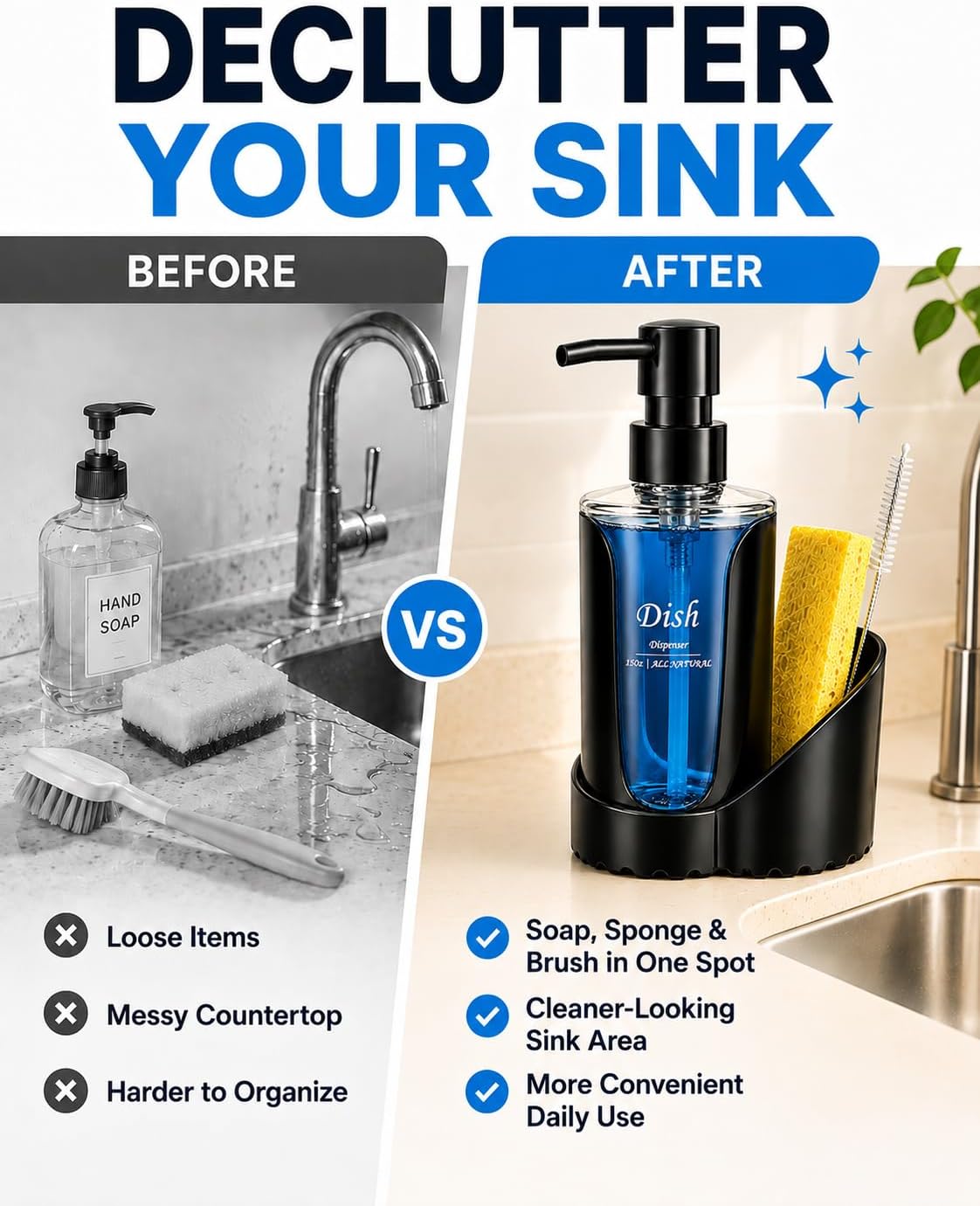 Kitchen Soap Dispenser with Sponge Holder, Dish Soap Pump for Sink Countertop image 2