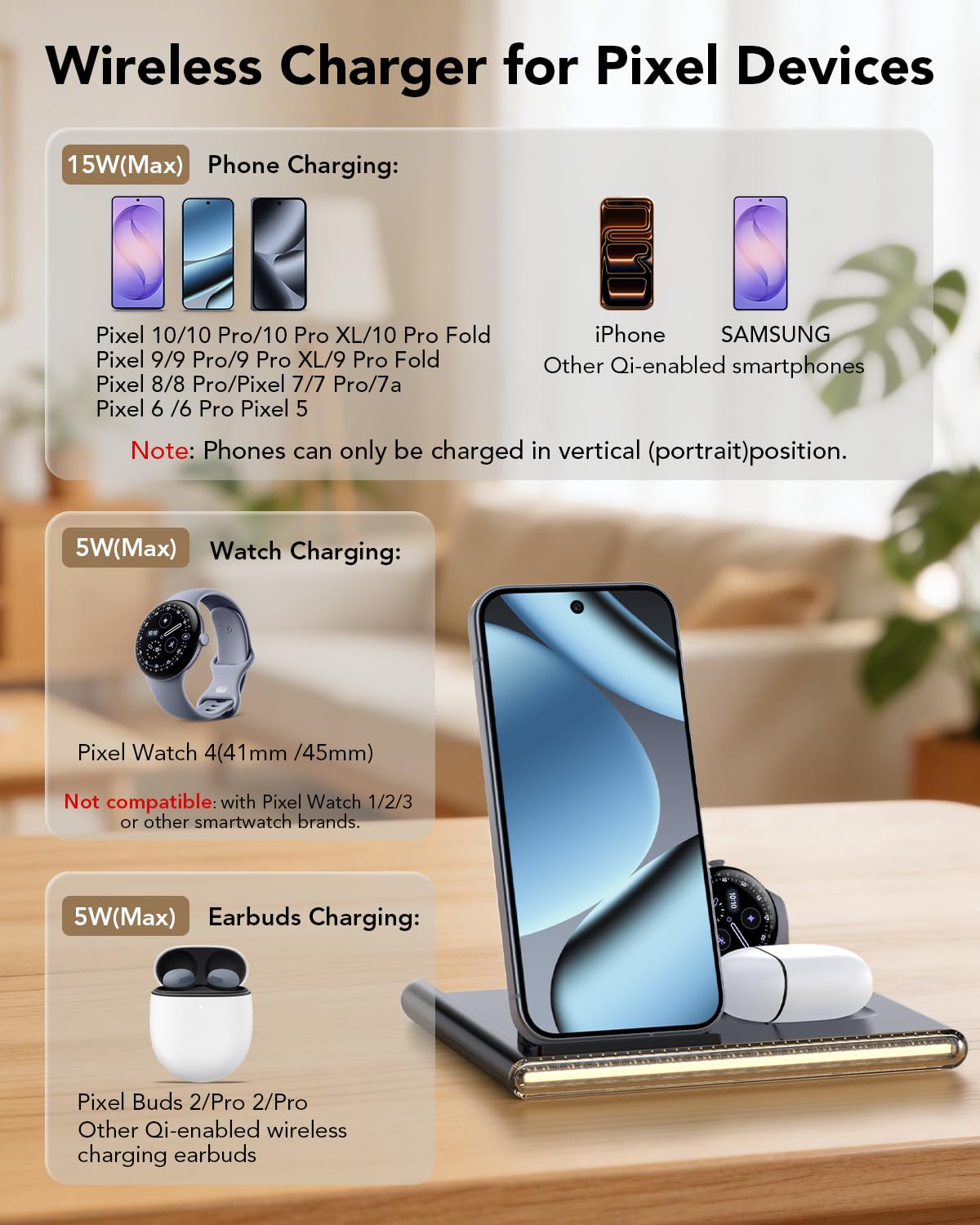 Nur für Google Pixel Watch 4 induktive ladestation mit Nachtlicht | 4-in-1 Handyladestationen kompatibel mit Google Pixel 10 Pro Fold, 10 Pro XL, 10 Pro/10/9/8/7 und Buds Pro 2/Pro Kopfhörern