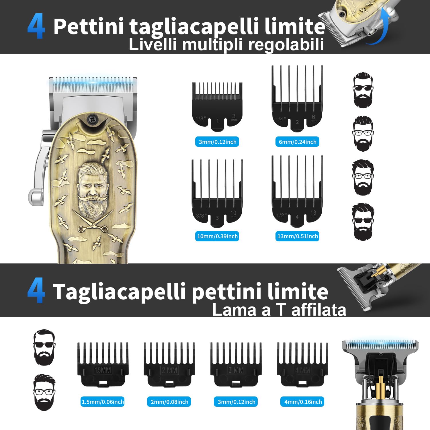HIENA PRO Tagliacapelli Uomo Professionale, Macchinetta per Capelli Senza Fili, Regolabarba, Rasoio a Lamina, Tagliapeli Naso, Kit Completo per Rasatura e Taglio di Capelli Elettrico