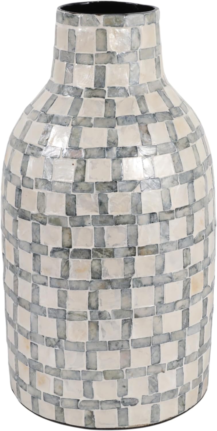 Decorative Plaid Pattern Vase for Living Room Decor - Contemporary Home Decor Accent for Bedroom, Office, or Table Styling - Stylish Flower Vase for House or Shelf Display - 16", Ivory & Gray