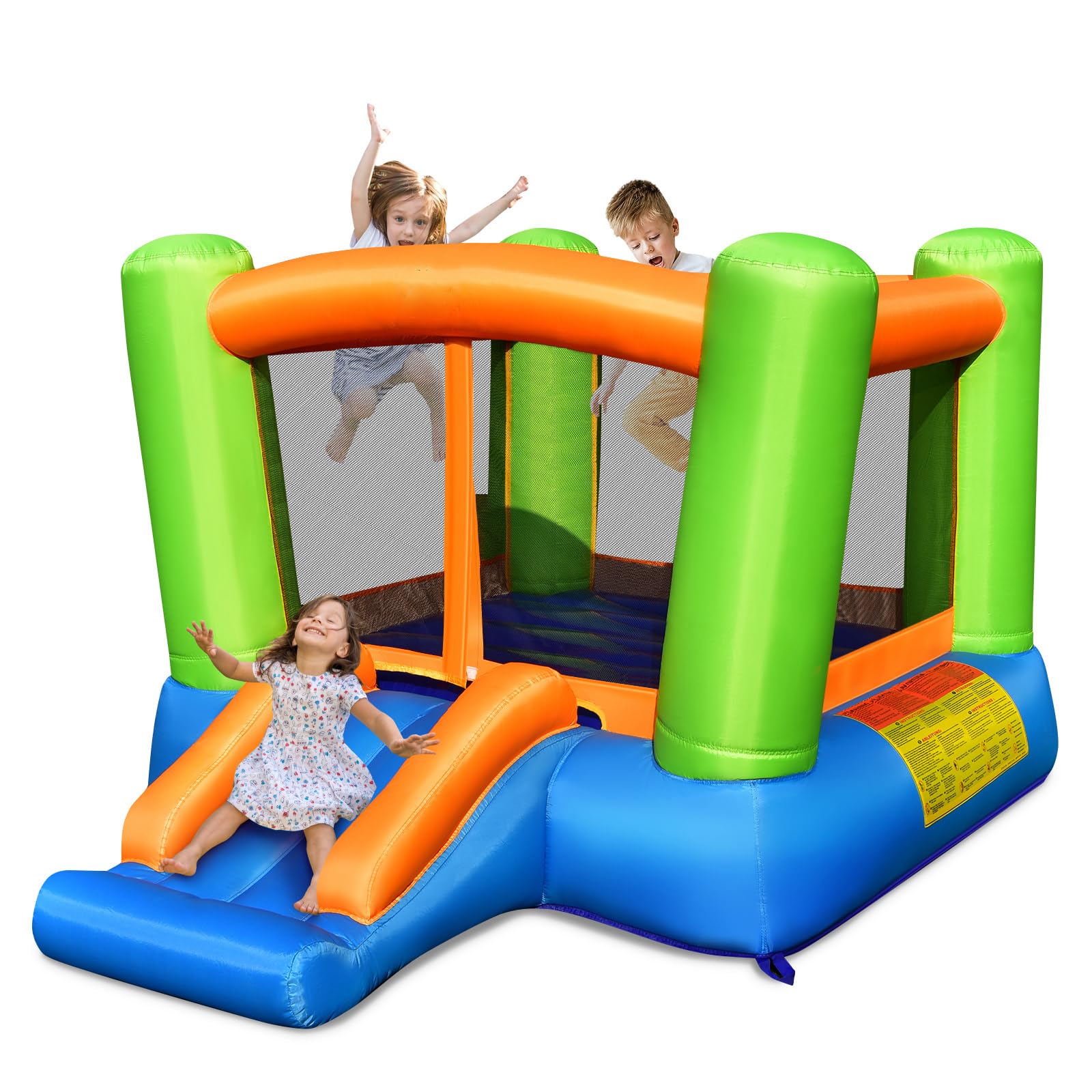 COSTWAY Castello Gonfiabile Per Bambini, Casa Gonfiabile con Grande Area per Saltare e Scivolo, Con Borsa di Trasporto e Kit Riparazione, Ideale Per 3 Bambini 3-10 Anni (Senza soffiatore)