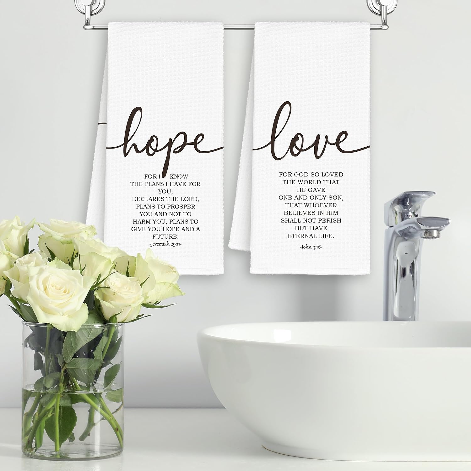 Christian Hope Love Kitchen Towels Set of 2, Scripture Hand Towels Decor for Bathroom, Bible Verse Dish Towel, Black White Minimalist Tea Bar Waffle Towel for Dining Prayer Room Dorm 16x24in image 2