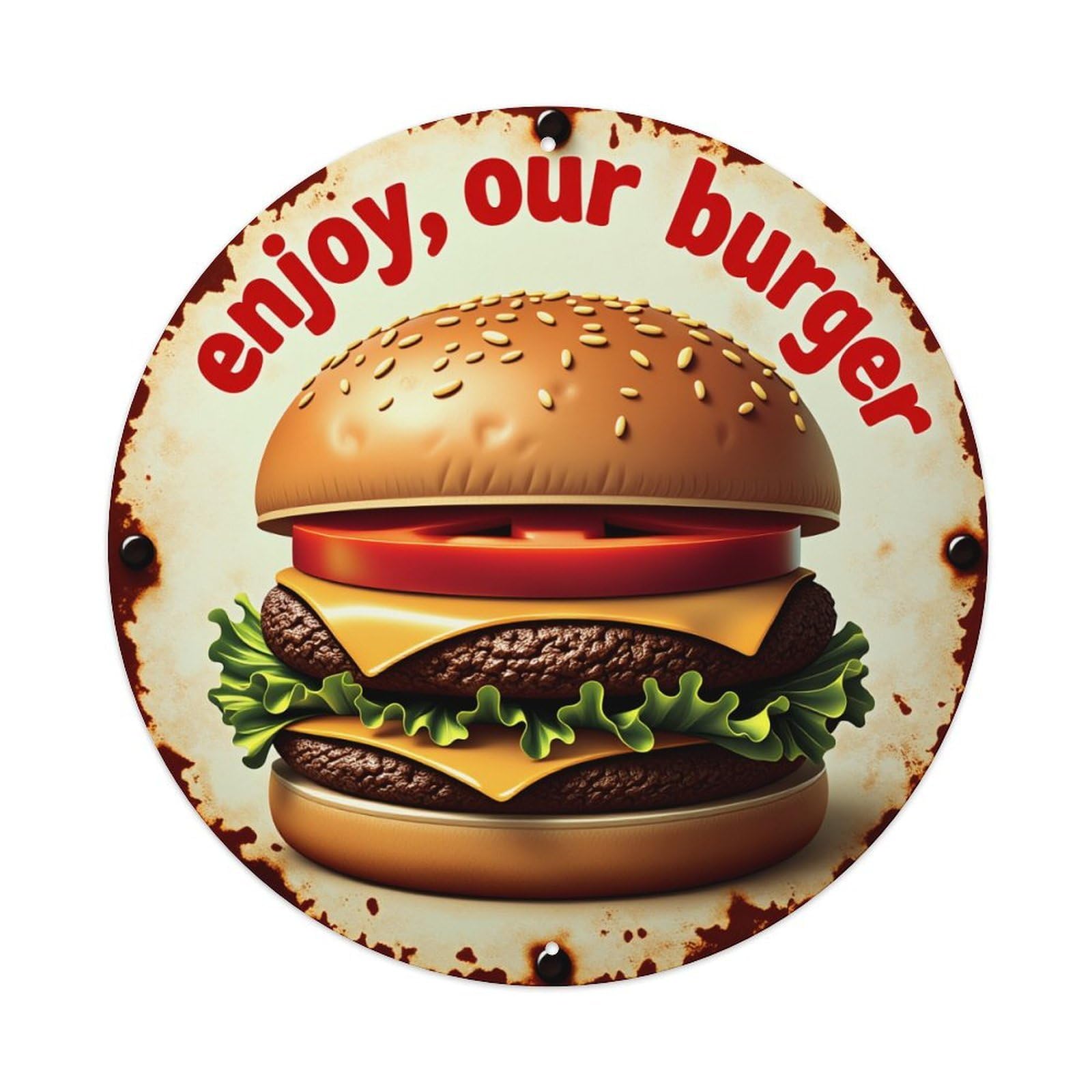Wmlzdnwr Vintage Enjoy Our Burger Pattern Print Design Round Tin Sign,Retro Wall Art,Metal Poster For Home, Bar, Garage, Cafe, Rustic Indoor & Outdoor Decor, 8X8 Inches