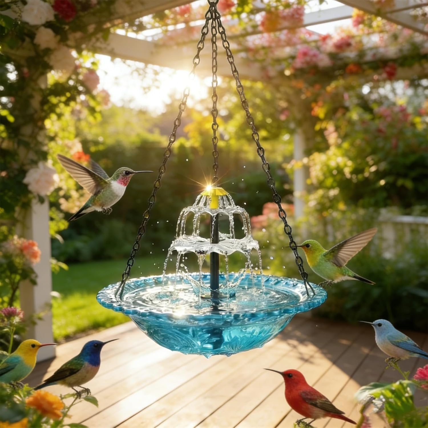 Solar Cascade Hanging Bird Bath Fountain, Solar Powered Cascading Water Fountain, Hanging Solar Bird Baths for Outdoors, Dual-Tier Cascading Design with Solars Pump & Glass Bowl (Blue)