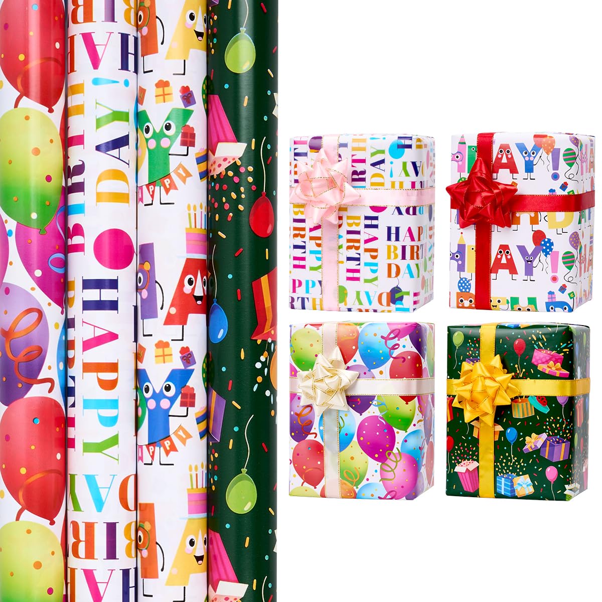 4 Rolls Birthday Gift Wrapping Paper, 43cm x 3M-Recyclable Gift Wrap Paper Multicolor Paper for Birthday Festival Party Decoration