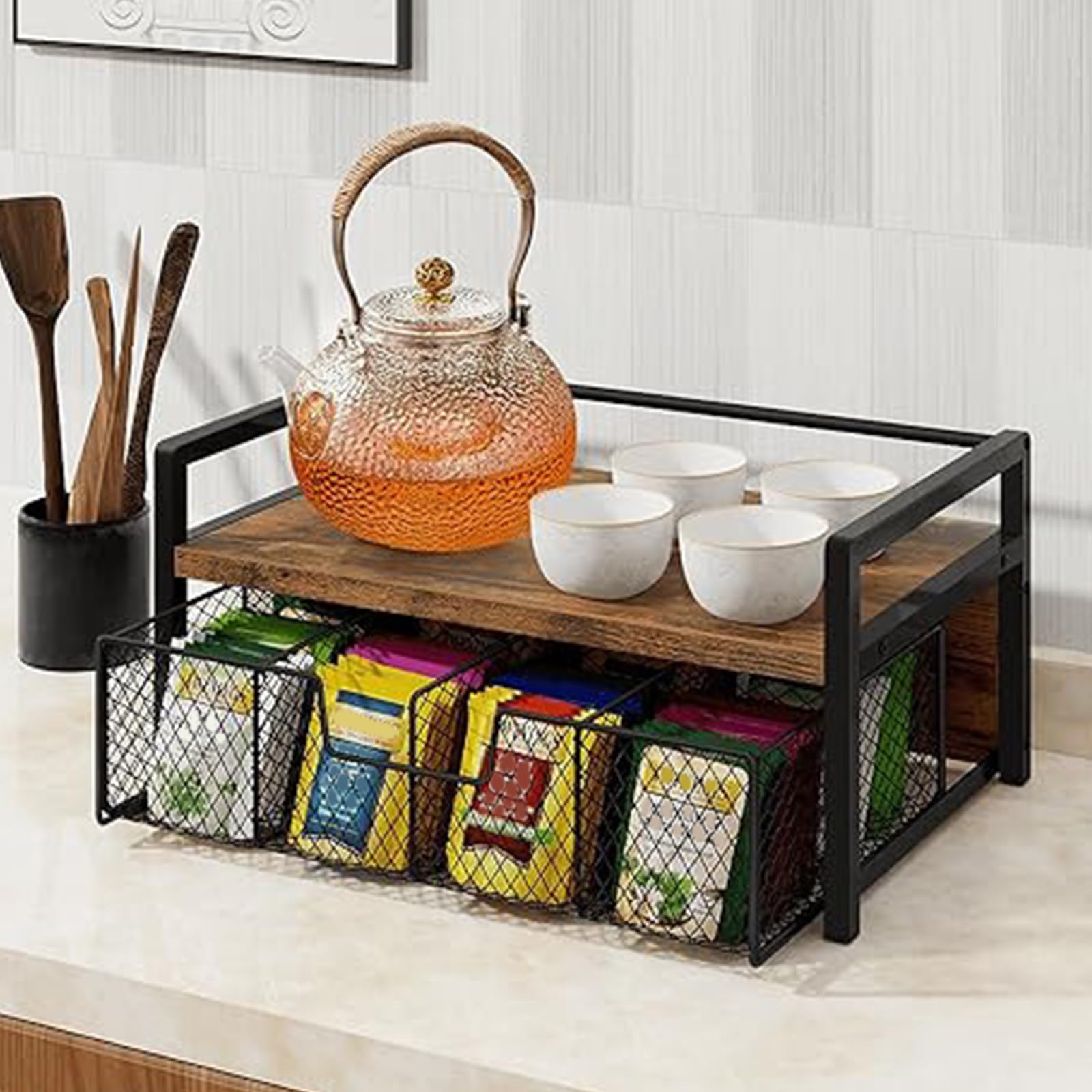 HTU Teedose Station Truhen Präsentationsbehälter mit Schublade Teebox Organizer 8 Fächer for Home Office Hotel Küchentheke