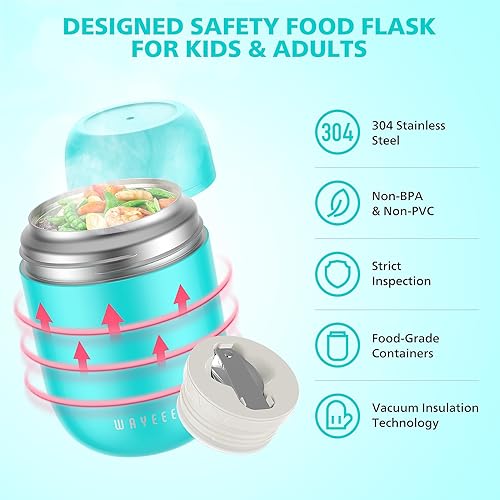 Miniatura 2 de WayEee - Tarro de alimentos aislado al vacío contenedor de almuerzo de 16 onzas para niños y adultos de acero inoxidable a prueba de fugas termo de