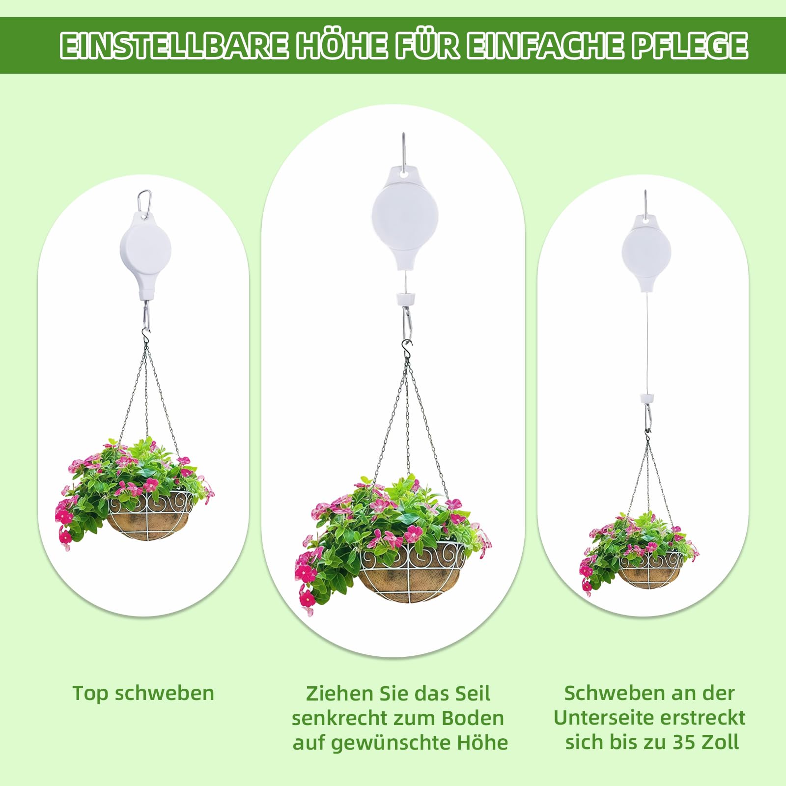 Lot de 2 crochets de suspension pour plantes rétractables, réglables - Pour pots suspendus et paniers à plantes - Support solide pour mangeoires à oiseaux, charge maximale de 1 à 15 kg (blanc)