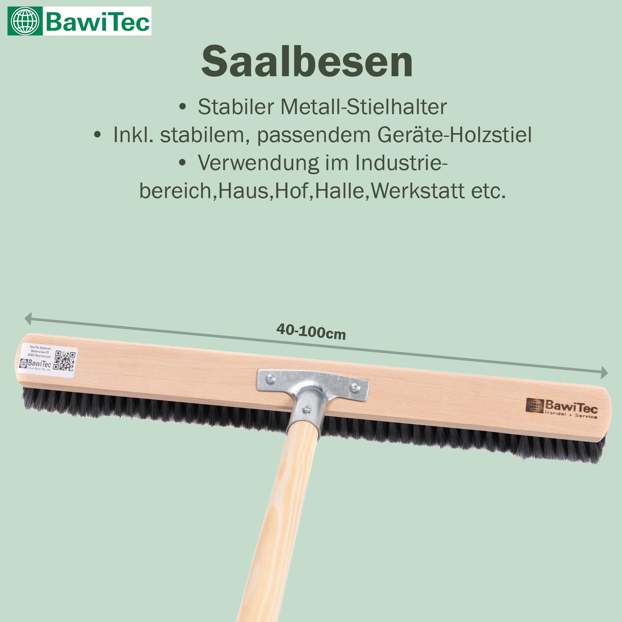 Profi Saalbesen weiche Kunsthaar Borsten 100cm mit Stiel 160cm Lang Besen | Mit Geräte-Holzstiel Ø28mm, Stabiler Metall-Stielhalter, Für glatte Böden, Für Innenbereiche