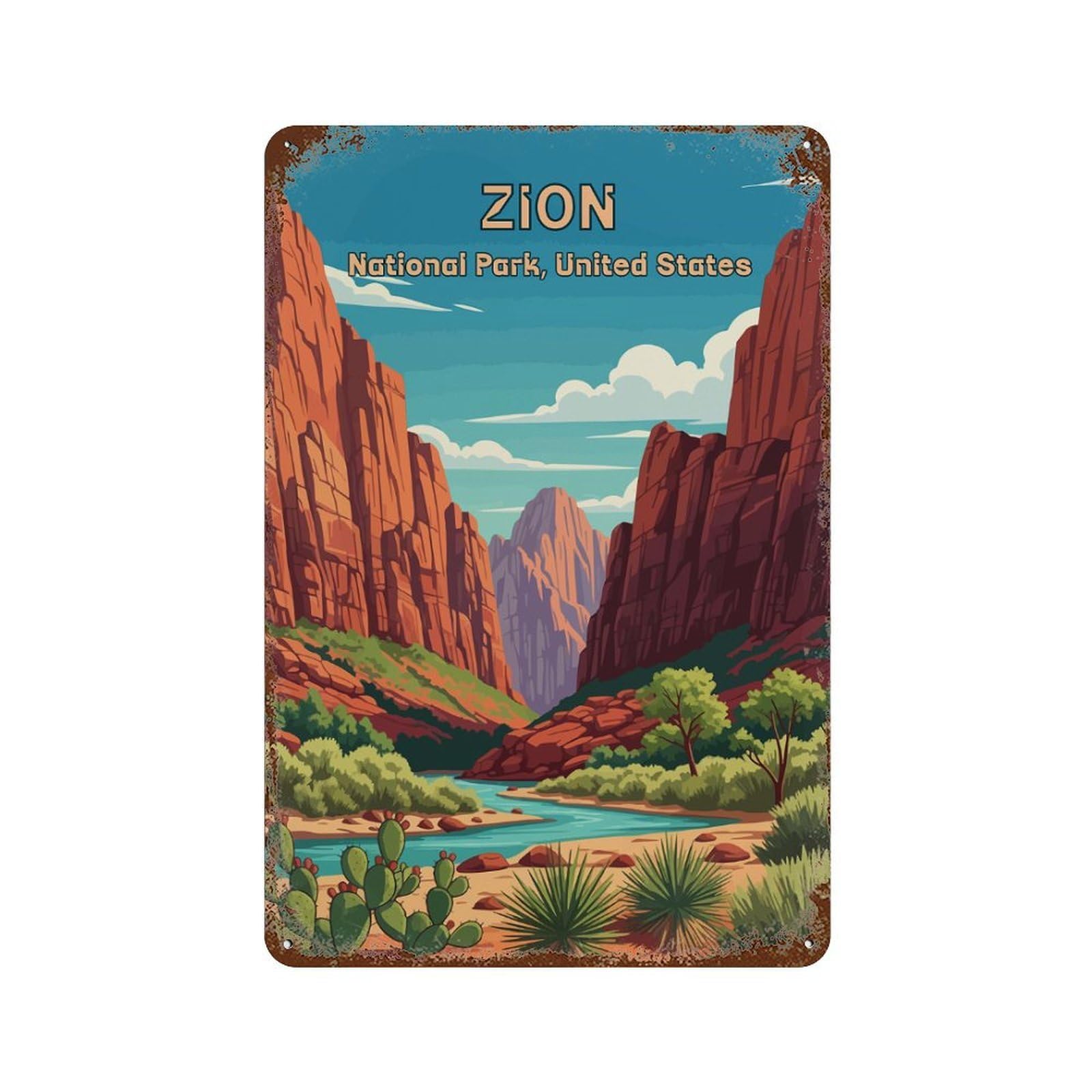 Zion National Park Illustration Retro Metal Sign 11.8"x7.9", Classic Wall Plaque for Basement, Hobby Room And Garage Decor