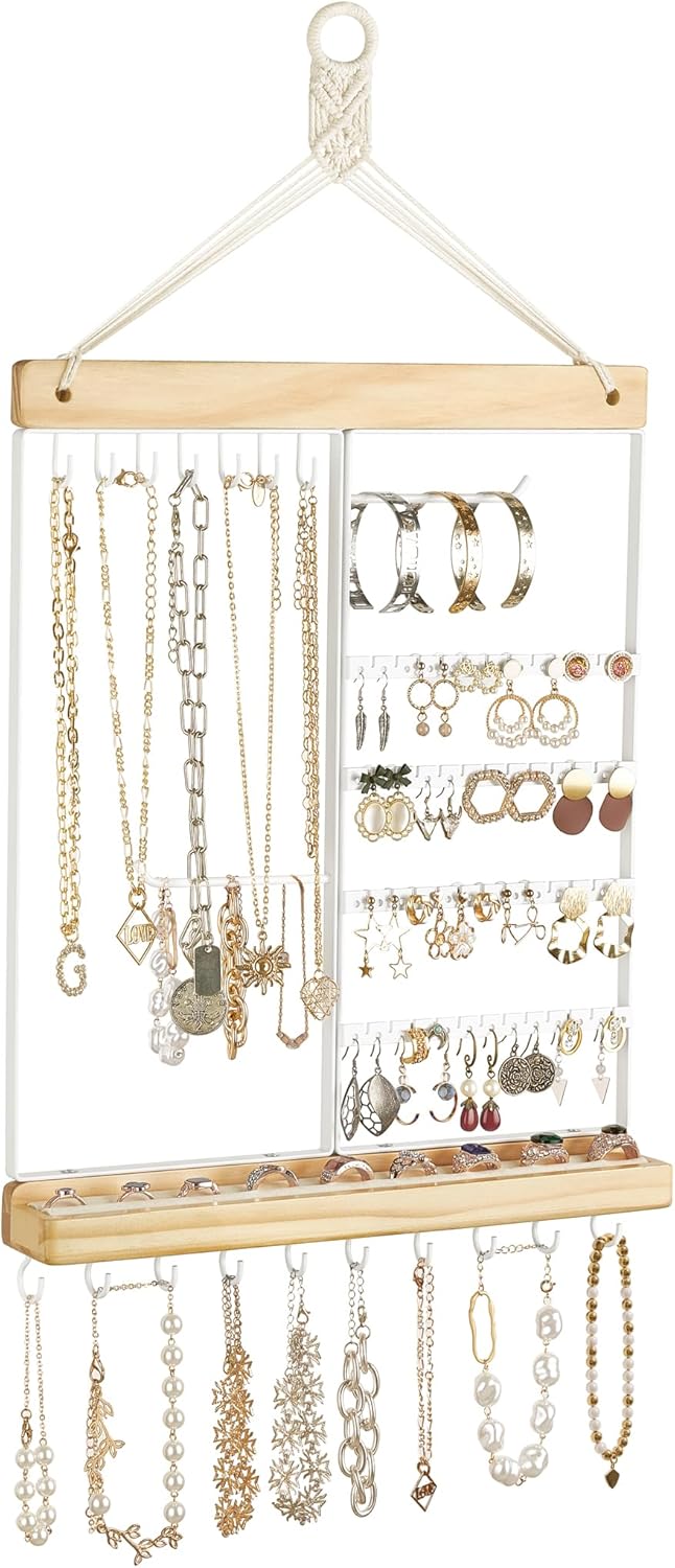 Mkono Hanging Jewelry Organizer Wall Mounted Jewelry Organizer Necklace Holder with Rustic Wood Shelf and Display Rack For Storage Bracelet Rings Ear Studs Accessories Women Bedroom Decor
