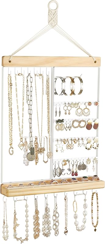 Mkono Organizador de joyas de pared para colgar, estante de exhibición para collares y pendientes | Estilo bohemio, estante de almacenamiento de madera, para pulseras, anillos, tachuelas, fácil de instalar, gran capacidad, decoración de dormitorio occidental, idea de regalo