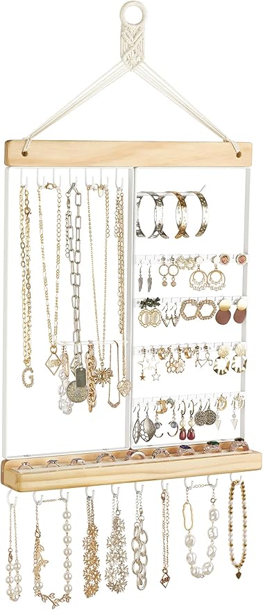 Hanging Jewelry Organizer Wall Mounted Earring Holder Metal Necklace Holder Wood Shelf with 55 Holes and 7 Hooks Display Rack For Storage Bracelet Rings Ear Studs Accessories Women Bedroom Decor