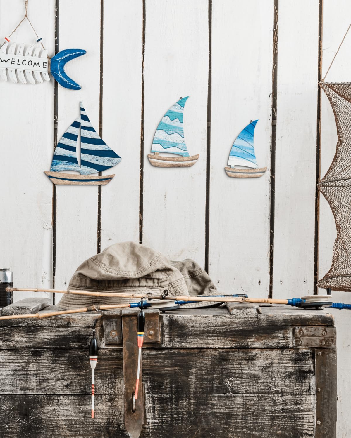Putuo Decor Zeilboot wanddecoratie, set van 3 - maritieme stijl houtlook - boot wanddecoratie voor woonkamer, slaapkamer, badkamer, hal, vakantiehuis, blauw