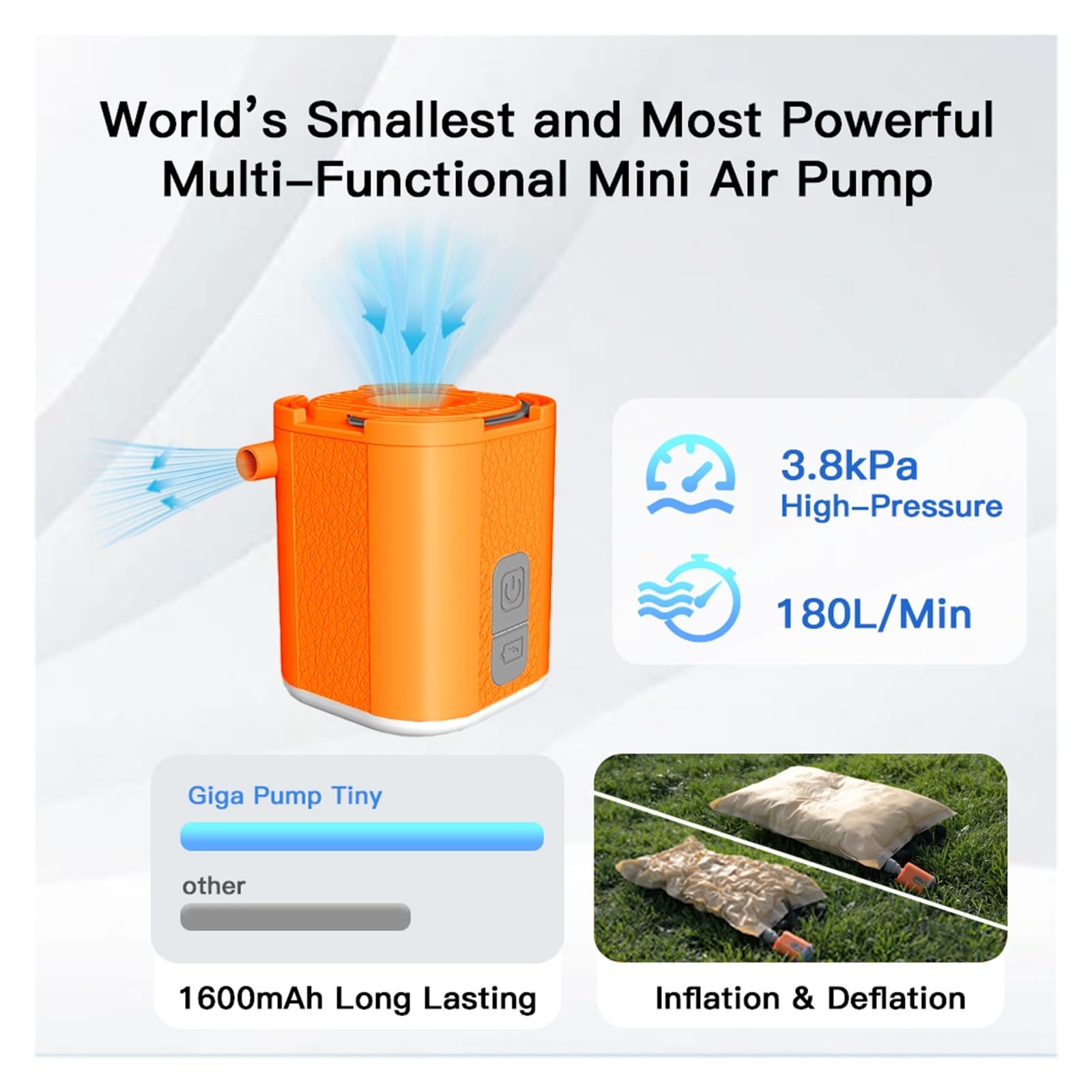 Inflador Electrico, Minibomba de aire 3 en 1 de alta presión de 3,8 kPa for inflar en acampadas al aire libre(Nero)