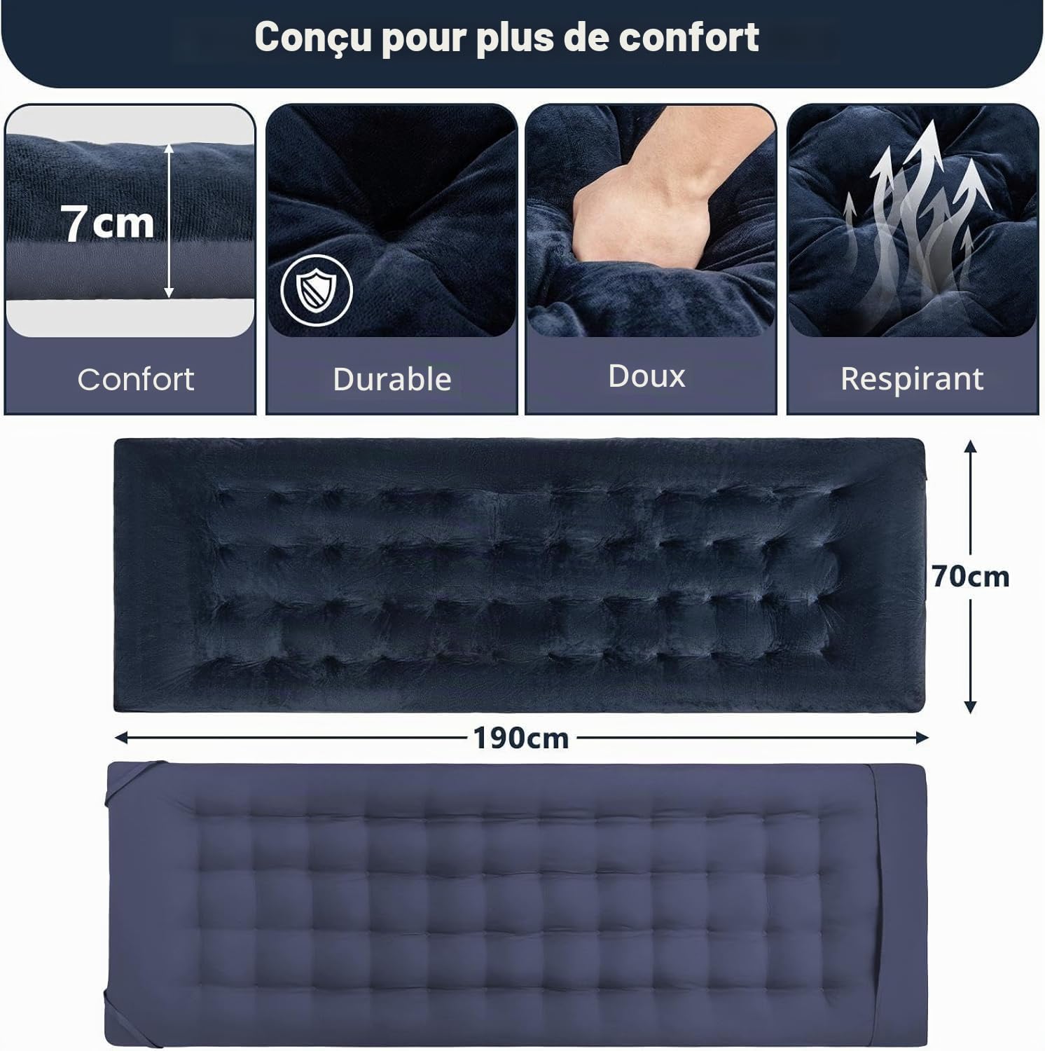 SOARS Coussin pour Chaise Longue 190 x 70 cm, Rembourrage de 7 cm d'épaisseur pour Transat, Chaise Longue, Chaise Longue de Jardin, Lit de Campagne (Bleu Foncé)