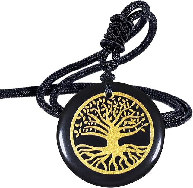 Nupuyai Engraved Amulet Obsidian Necklace for Men Women, Talisman Healing Crystal Round Stone Pendant with Adjustable Rope 46-62cm