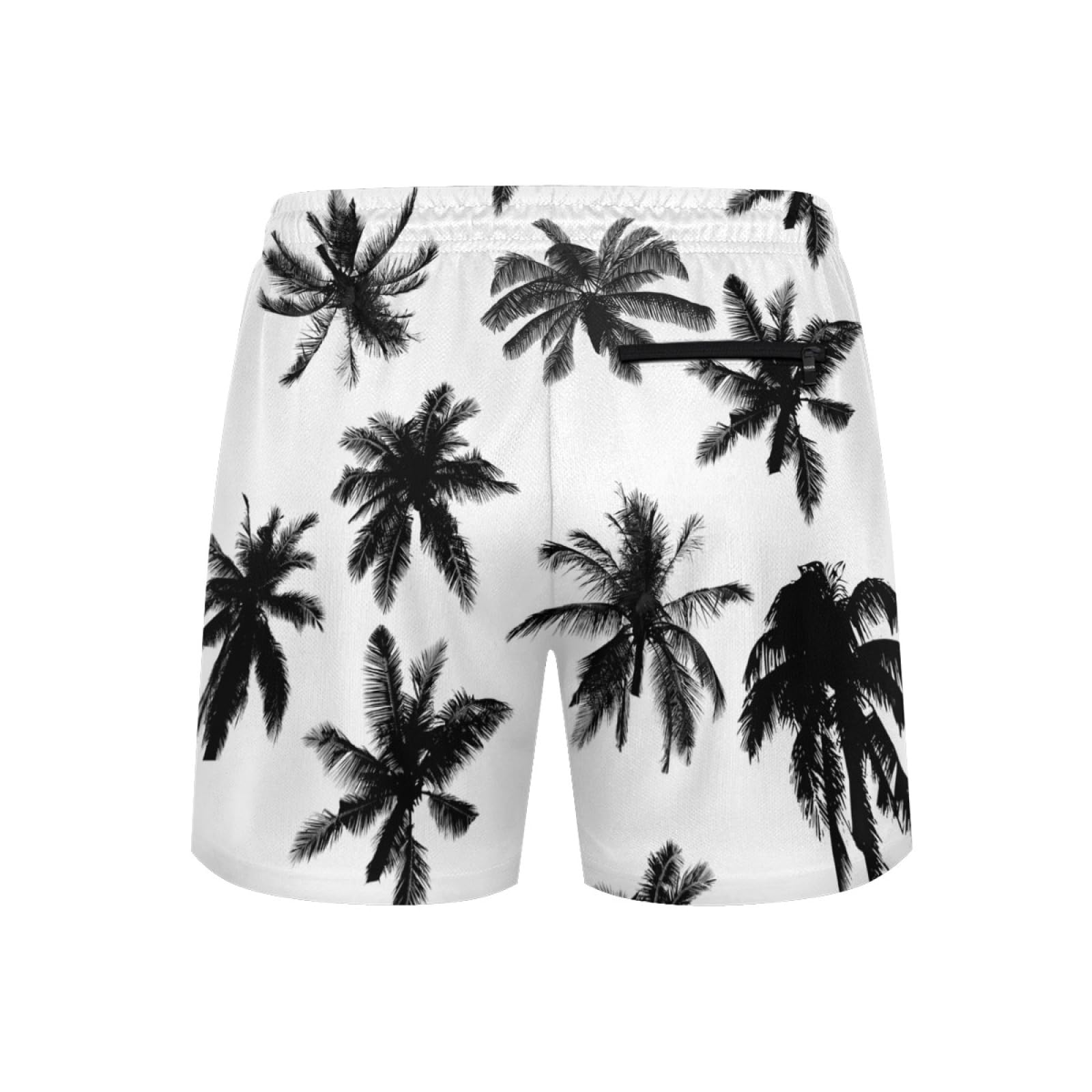Palm Tree Mens Swim Trunks with Compression Liner 2-in-1 Black White Tropical Leaves Swimming Board Shorts 5 inches Inseam Fashion Stretch Quick Dry Bathing Suits Beach Swimsuit with 4 Pockets -L