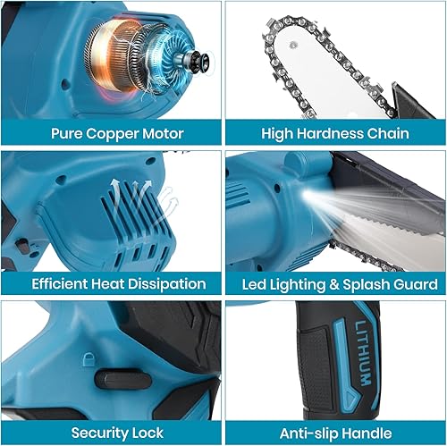 Miniatura 6 de Mini motosierra inalámbrica, motosierra eléctrica sin escobillas de 6 pulgadas, 3 cadenas mejoradas, motosierra portátil de mano de 2.43 libras,