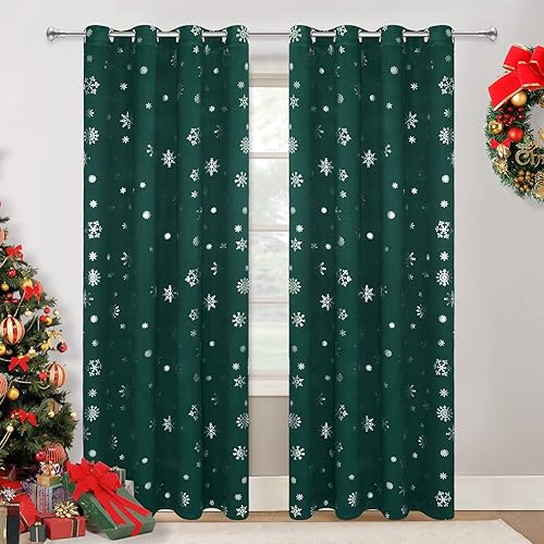 FRAMICS Cortinas de Navidad con estampado de copos de nieve, cortinas opacas con aislamiento térmico para sala de estar y dormitorio, cortinas de FRAMICS Cortinas de Navidad con estampado de copos de nieve, cortinas opacas con aislamiento térmico para sala de estar y dormitorio, cortinas de