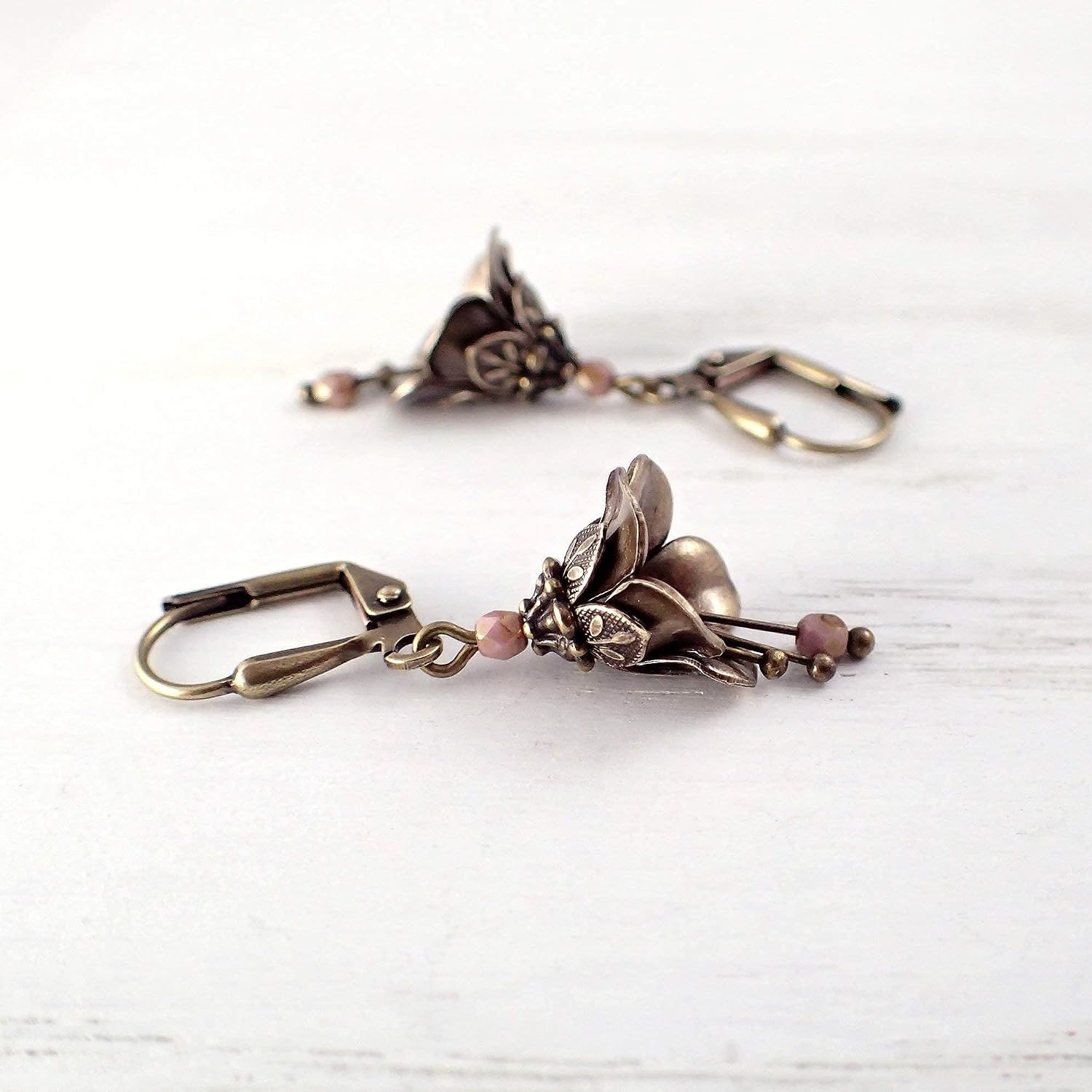 Vintage Style Dusty Pink Czech Glass and Brass Metal Flower Dangle Earrings