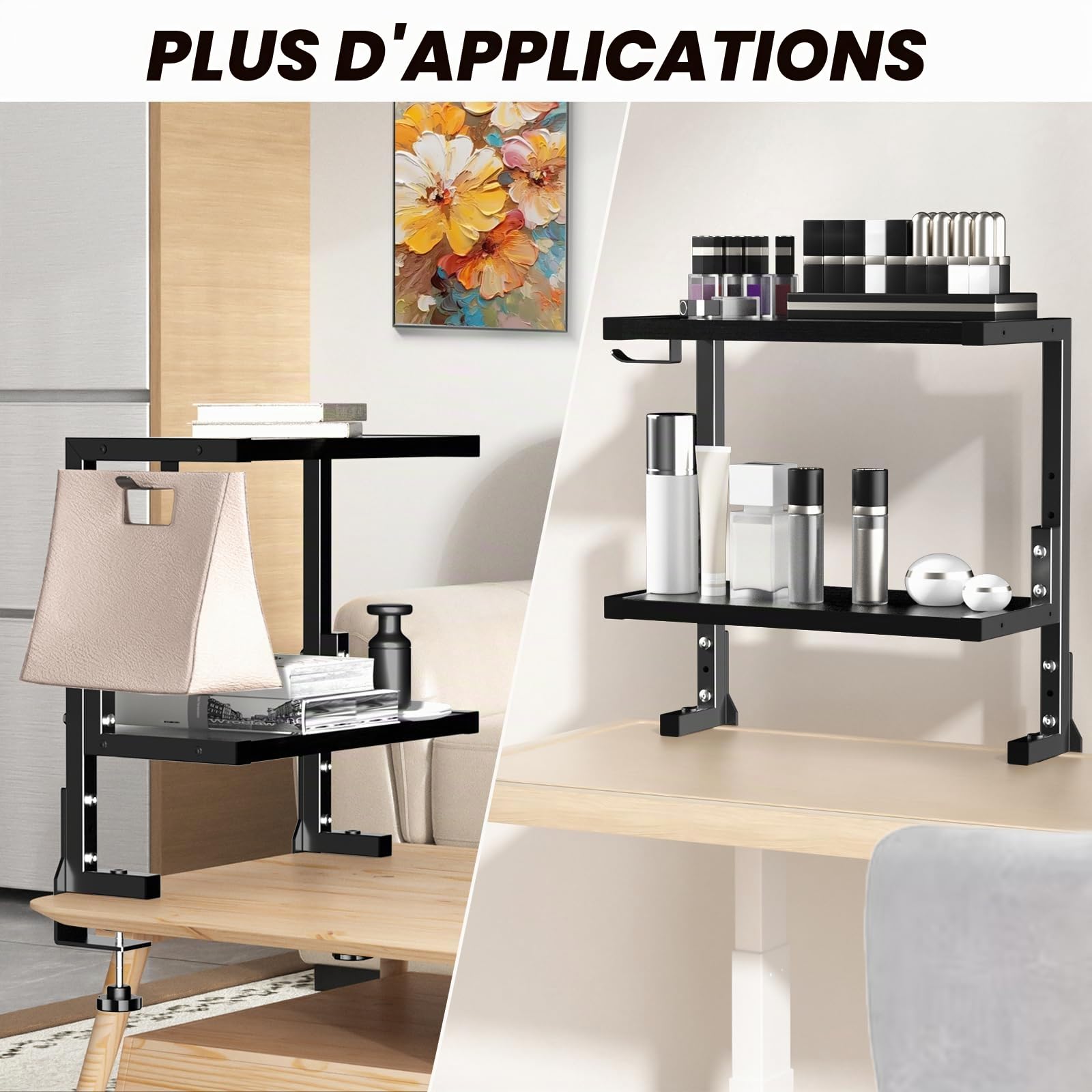 PUTORSEN Organisateur de Bureau à Pince de 15 Pouces, Étagère de Table à 2 Niveaux Au-Dessus ou en Dessous avec Espace Personnalisé pour Les Accessoires de Bureau, etc, Etagere Cuisine, Noir