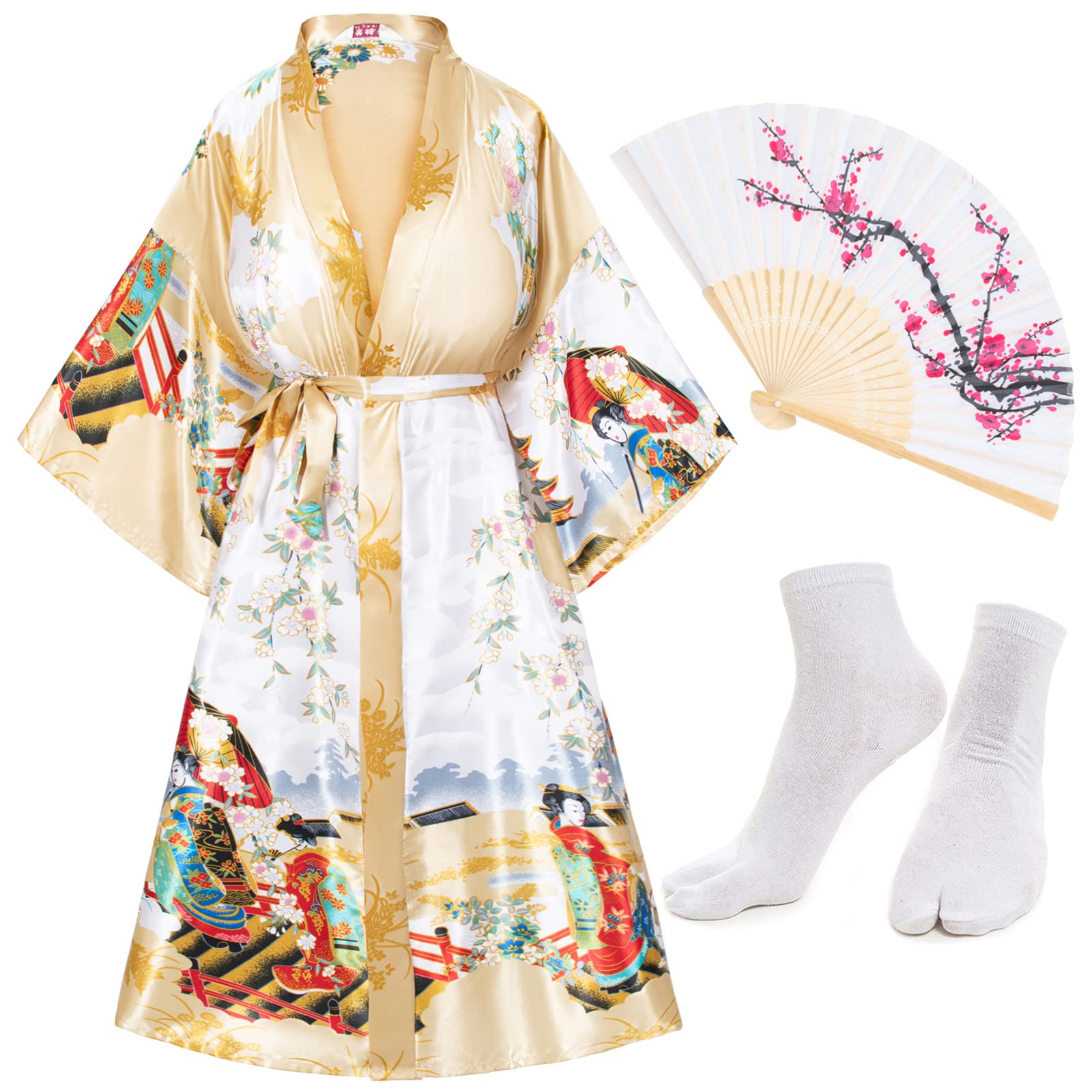 HeoneLong Kimono Satin Printed Lightweight Cardigan Jacket Coat Yukata Cloak Bathrobe Tops fans Tabi socks set