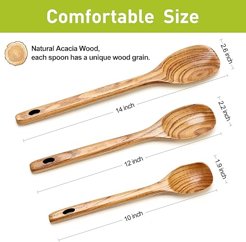 Miniatura 5 de Juego de 3 cucharas de madera para cocinar, utensilios de cocina de madera, cuchara de servir, espátula de cocina, cuchara grande para mezclar,