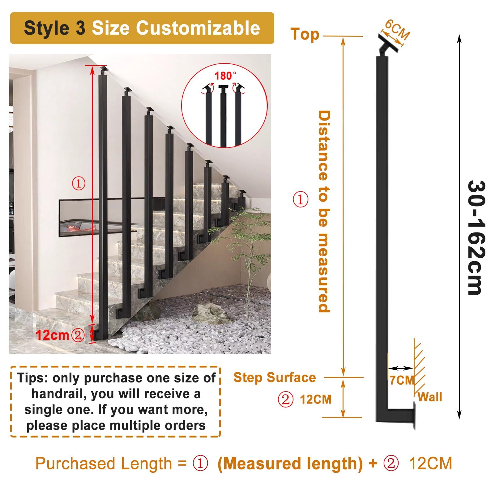 Metalowe elementy do schodów zewnętrznych, zestaw balustrad schodowych 100-160 cm, z zestawem montażowym, uchwytem bezpieczeństwa i słupkiem działowym, stylowy design i bezpieczeństwo (Styl 3, 50 cm)